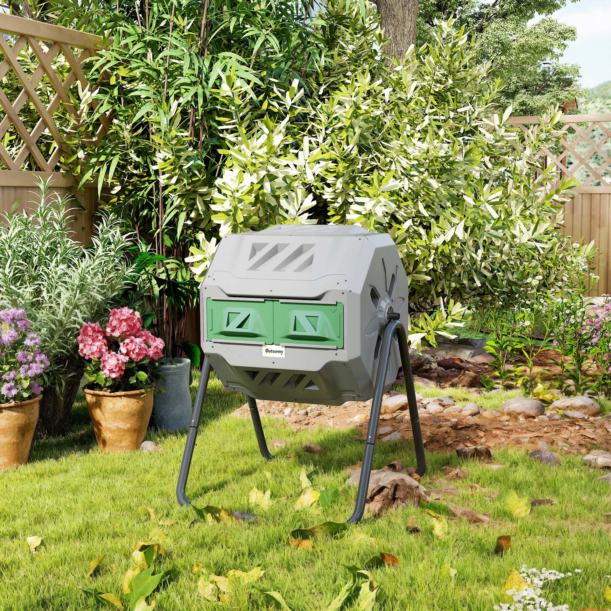 Tumbling Compost Bin Outdoor 360° Dual Chamber Rotating Composter 43 Gallon