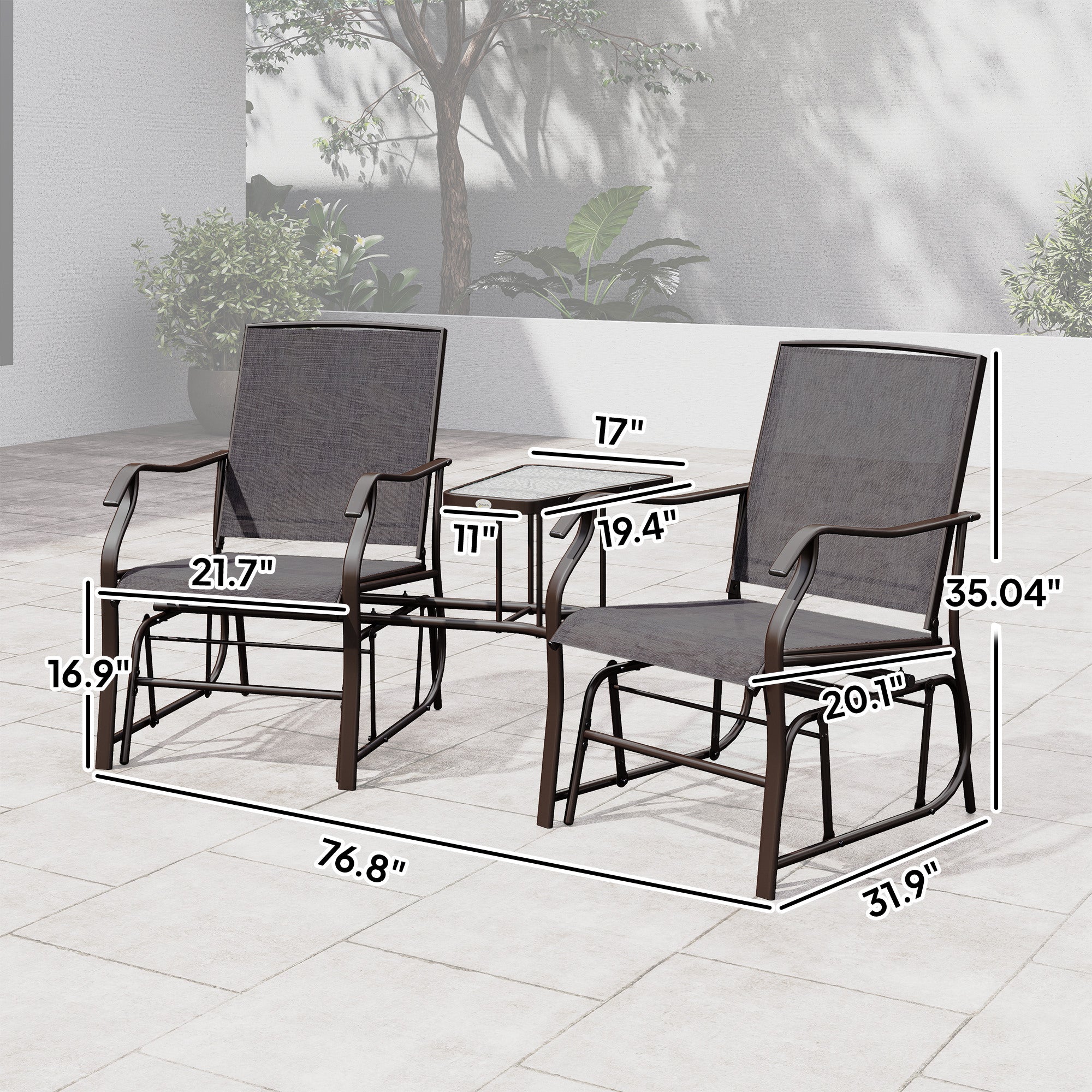Outdoor Glider Chairs with Coffee Table, Patio 2-Seat Rocking Chair Swing Loveseat with Breathable Sling for Backyard, Garden, and Porch