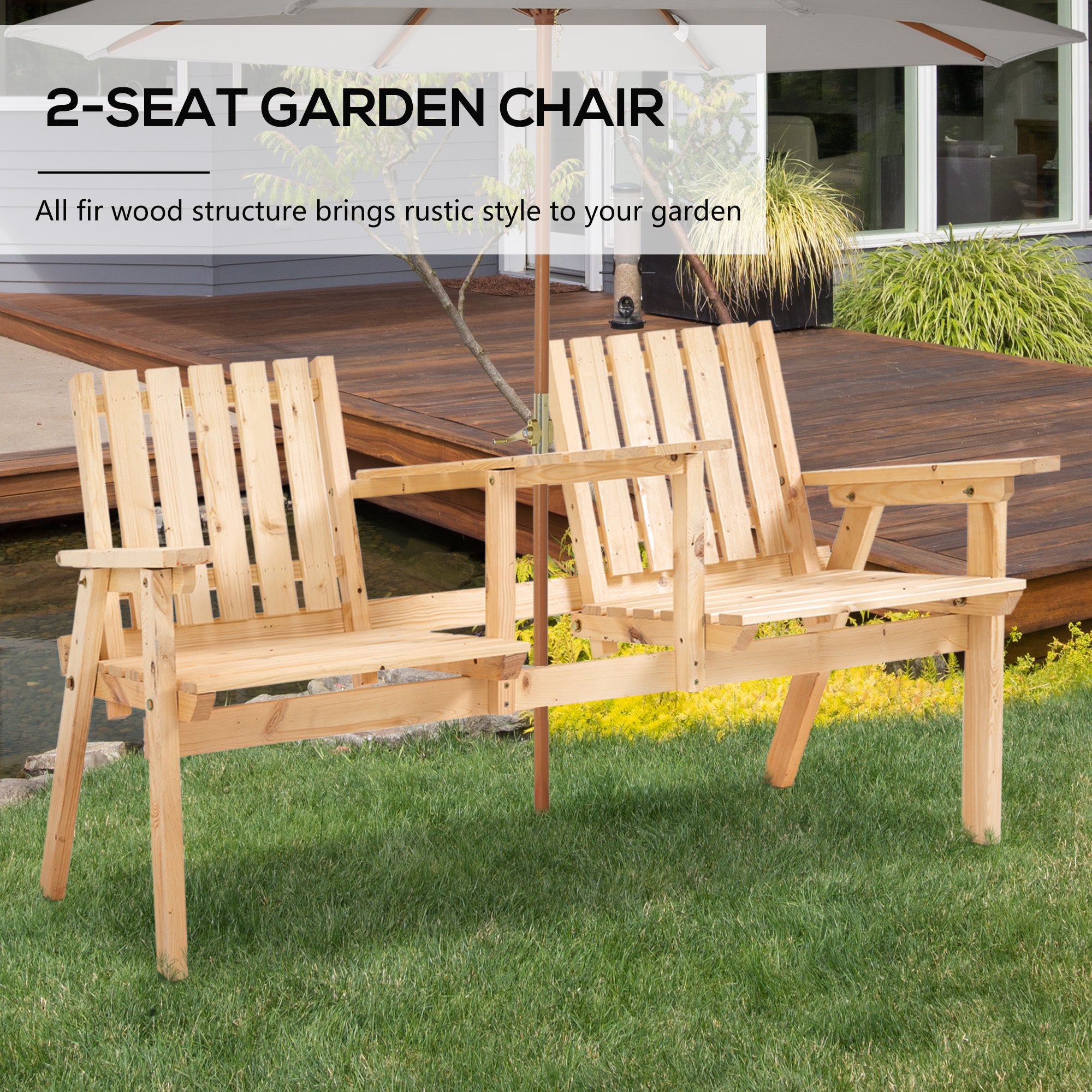 Patio Bench, Garden Bench with Middle Table and Umbrella Hole, Wooden Outdoor Bench for Patio, Porch, Poolside, Balcony