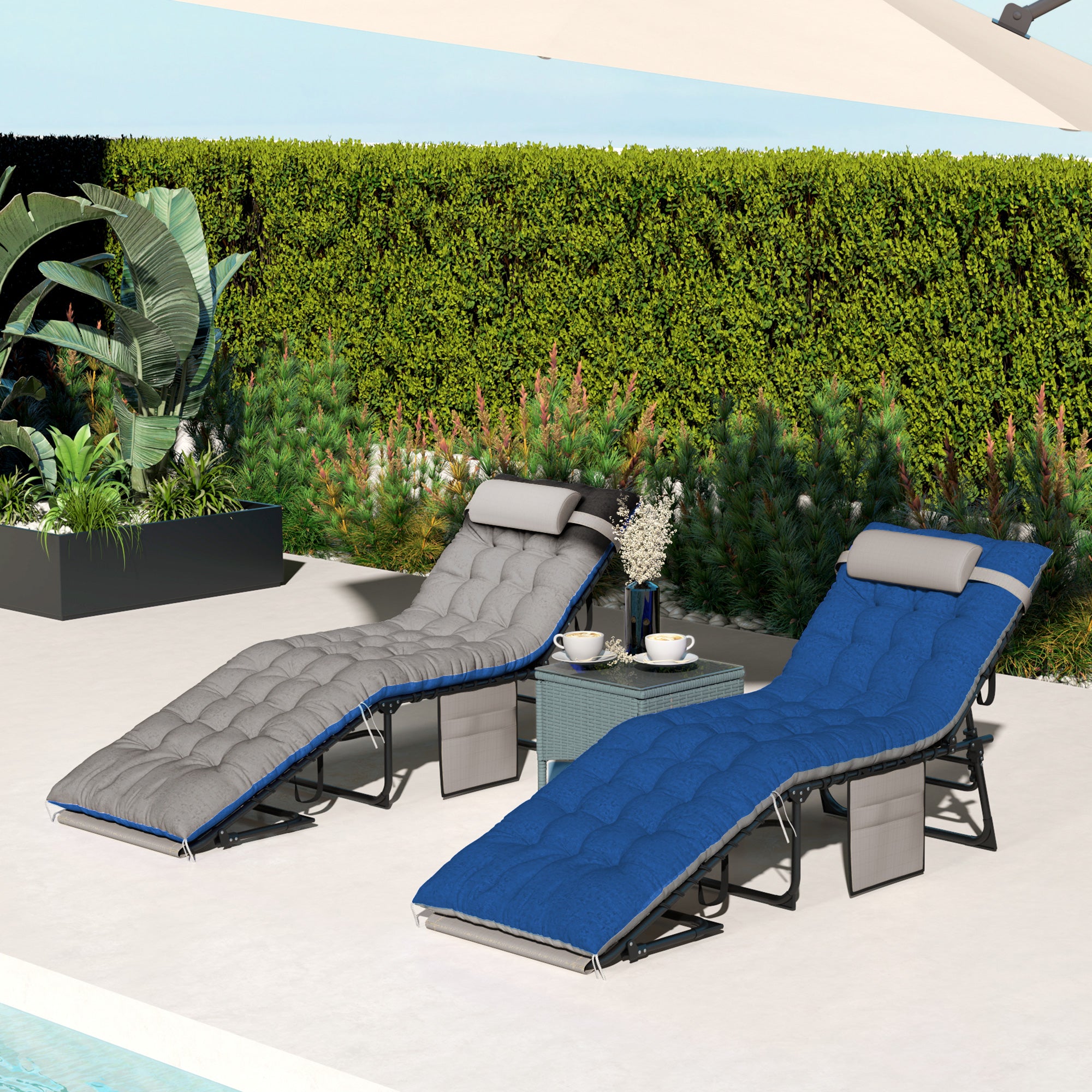 Outdoor Chaise Lounge Chair Set of 2, 5-Level Adjustable Folding Pool Lounge Chairs with Cushions