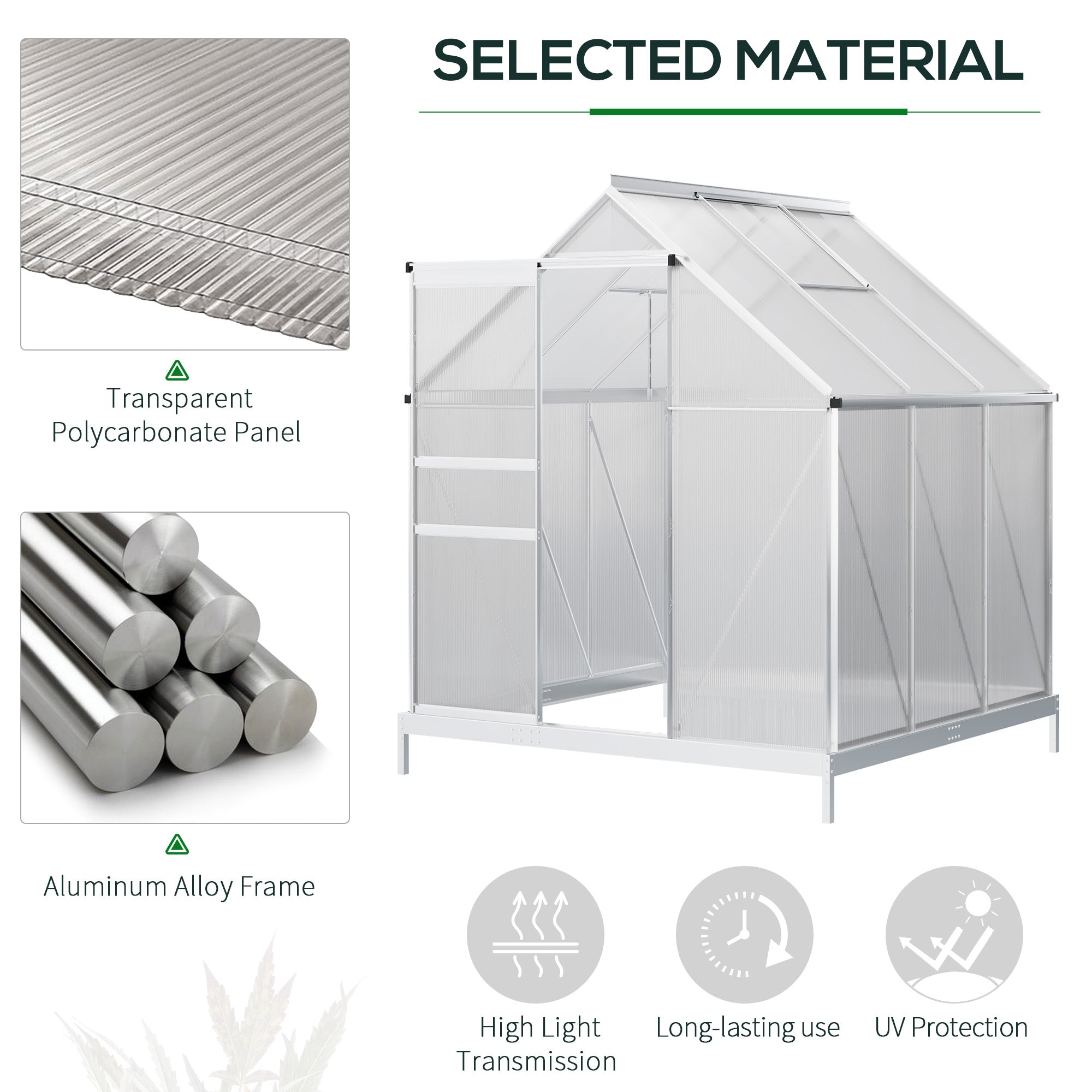 6' x 6' x 6.5' Polycarbonate Greenhouse with Aluminum Frame, Walk-in Heavy Duty Green House with Adjustable Roof Vent, Rain Gutter and Sliding Door for Winter, Silver