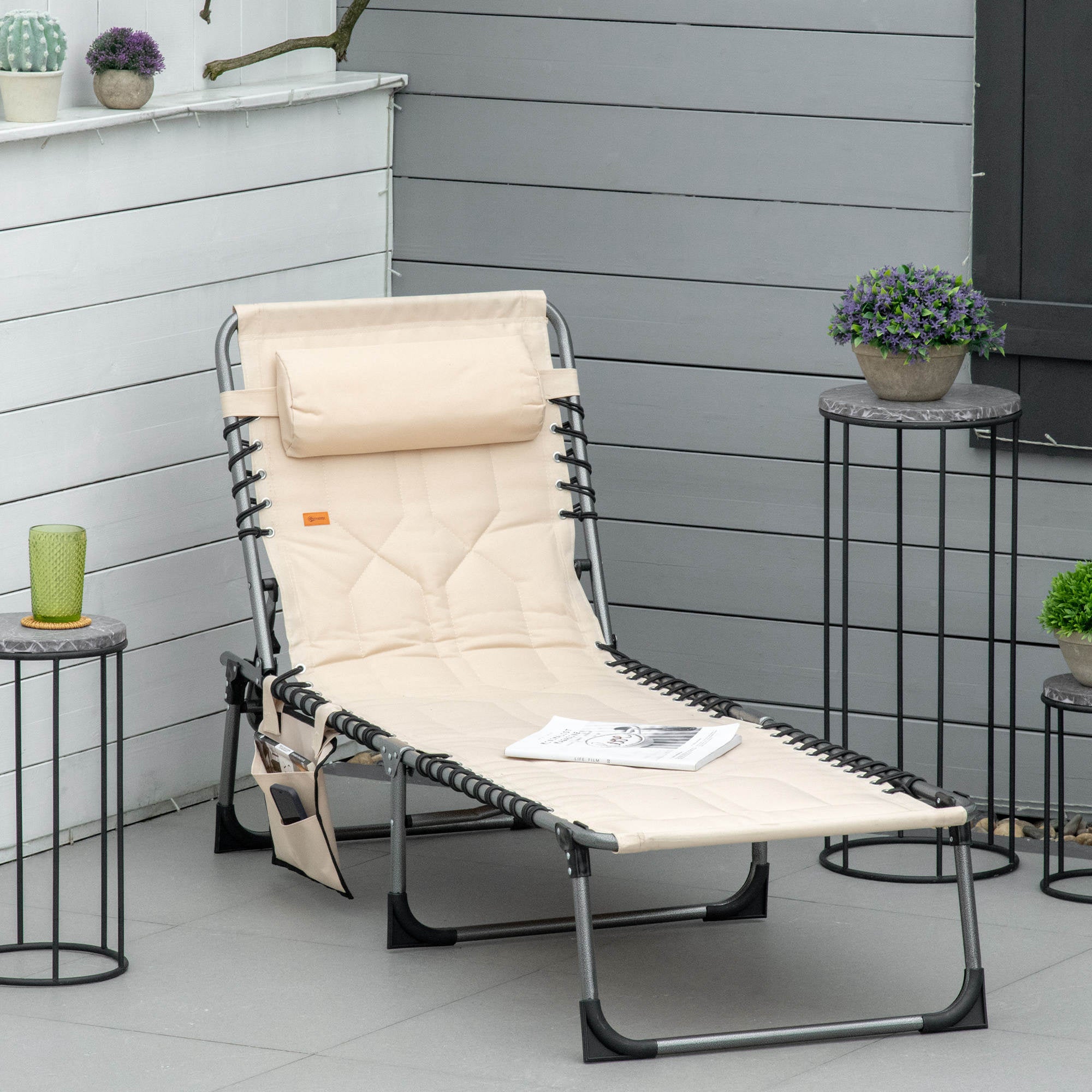 Padded Folding Chaise Lounge Chair, Outdoor 6-Level Reclining Camping Tanning Chair with Headrest for Beach, Yard, Patio, Pool