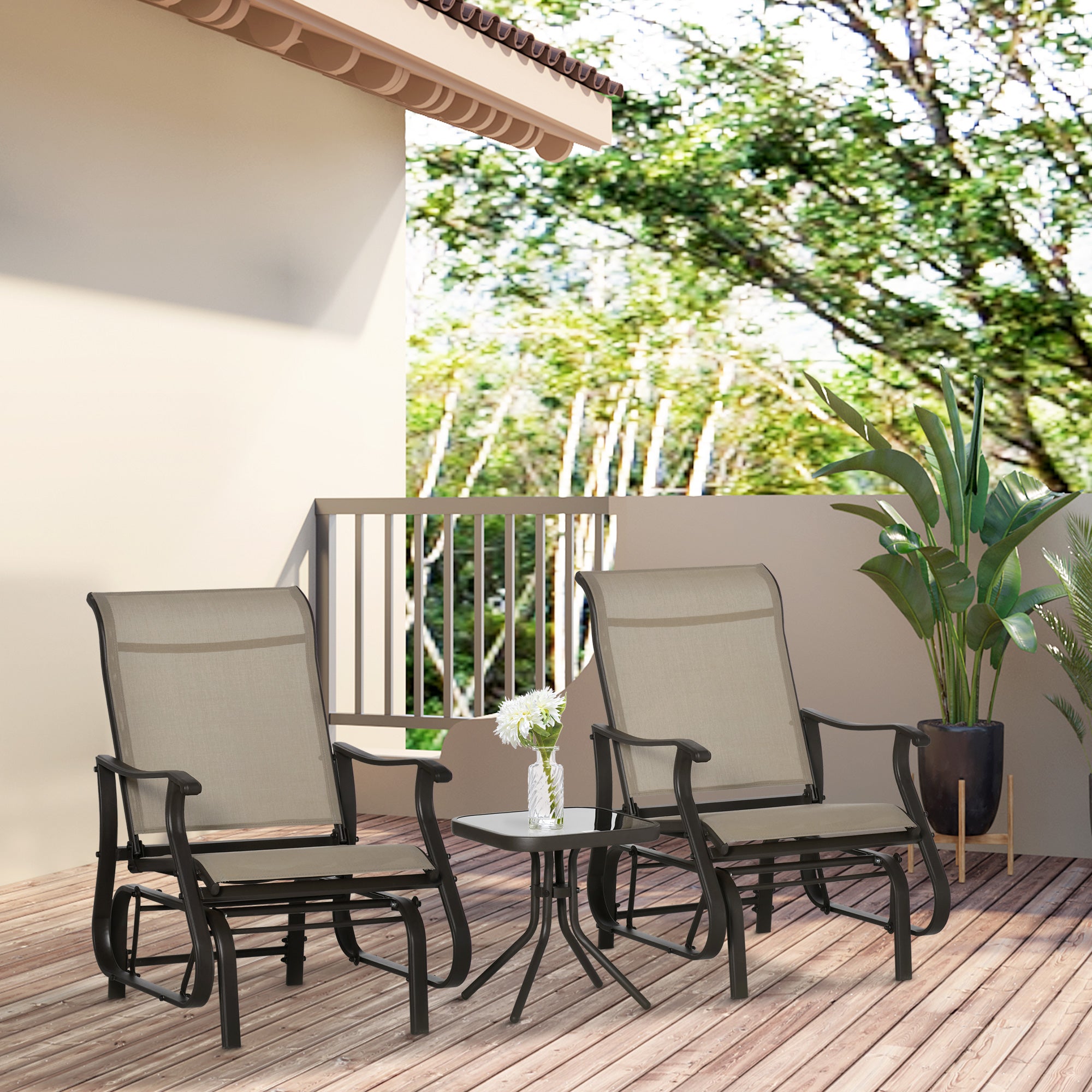 3-Piece Outdoor Gliders Set Bistro Set with Steel Frame, Tempered Glass Top Table for Patio, Garden, Backyard, Lawn