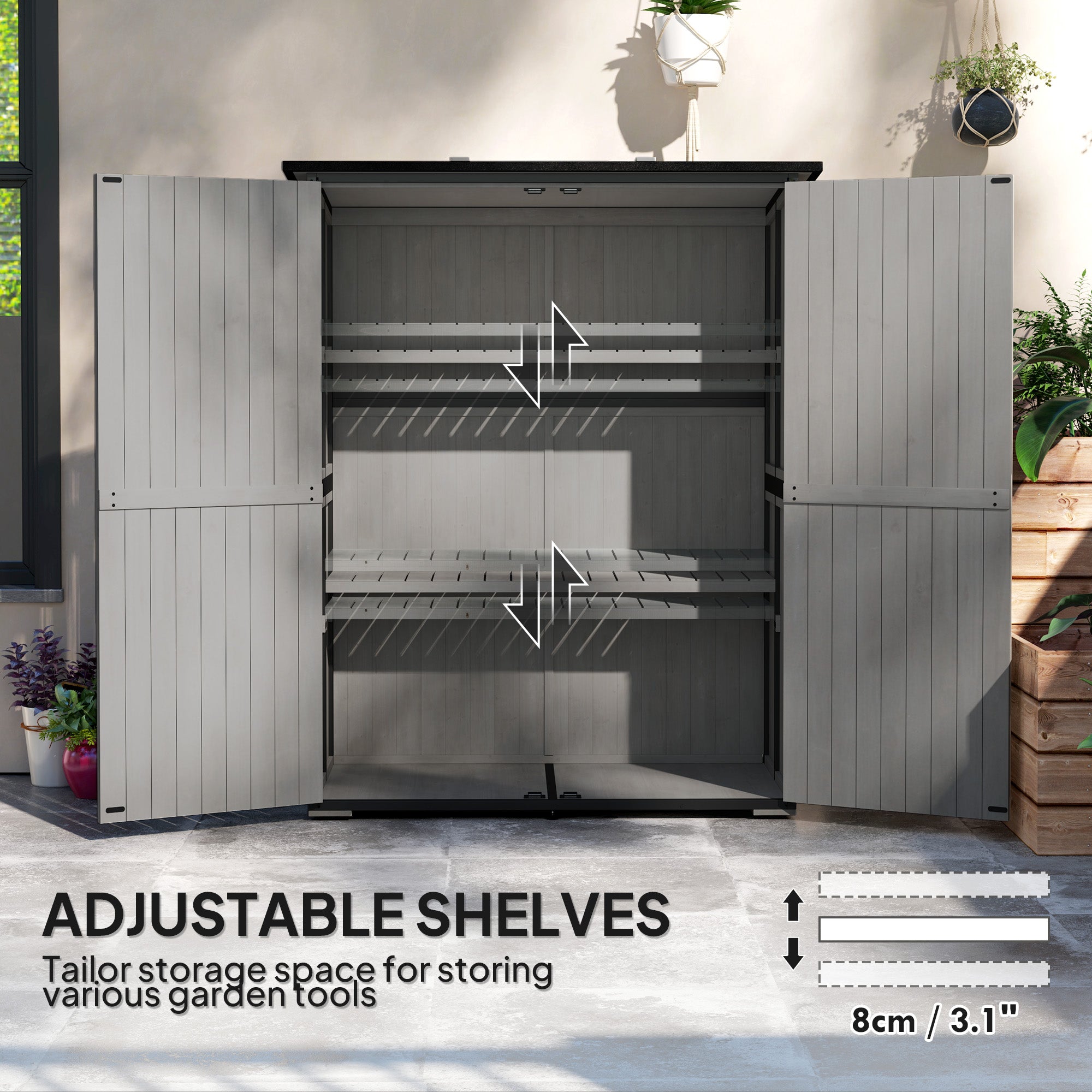 Wood Storage Shed, Outdoor Garden Shed with Asphalt Roof, 2 Shelves, Lockable Doors and Adjustable Feet