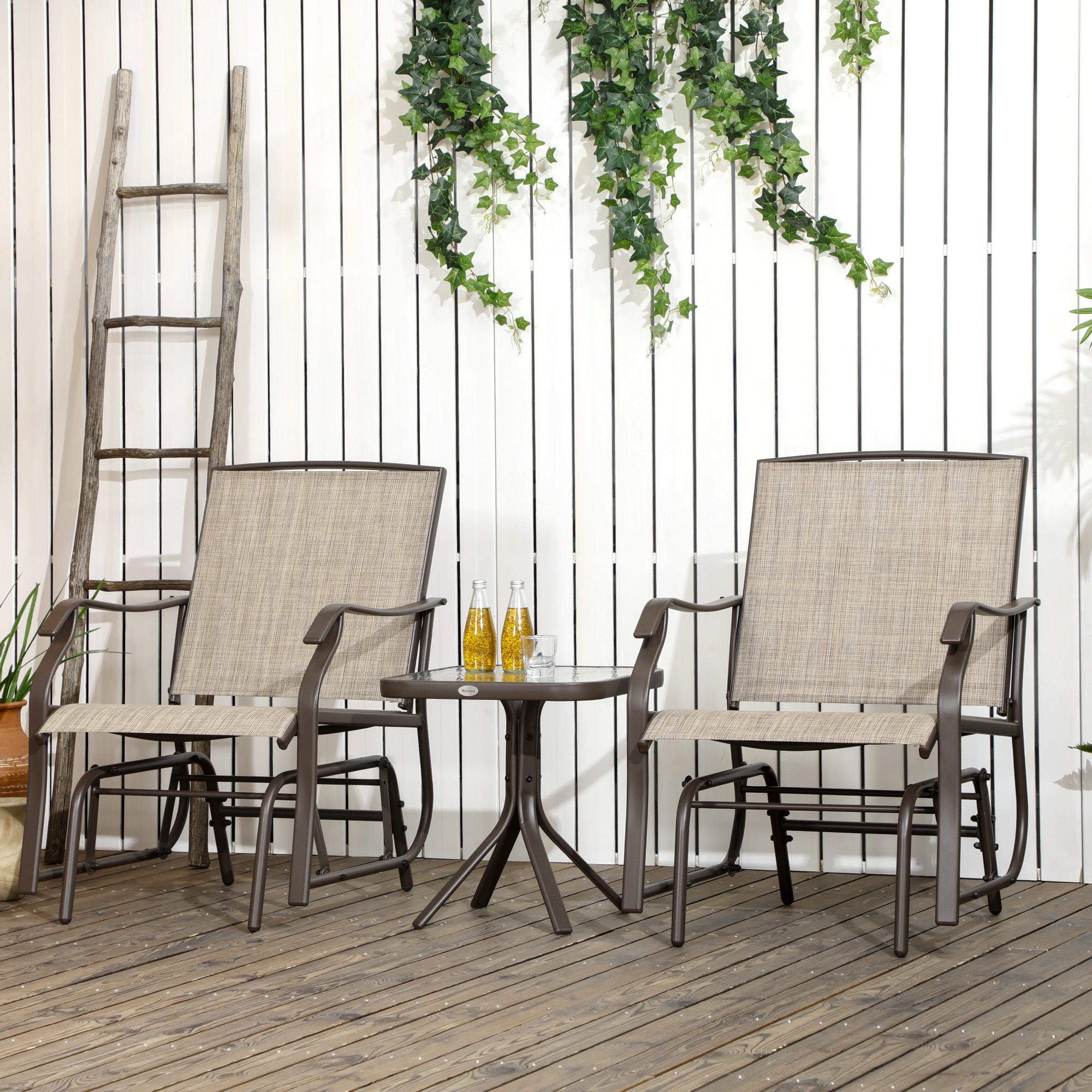 3 Piece Outdoor Glider Chair with Coffee Table Bistro Set, 2 Patio Rocking Swing Chairs with Breathable Sling Fabric, Glass Tabletop, for Backyard, Garden and Porch
