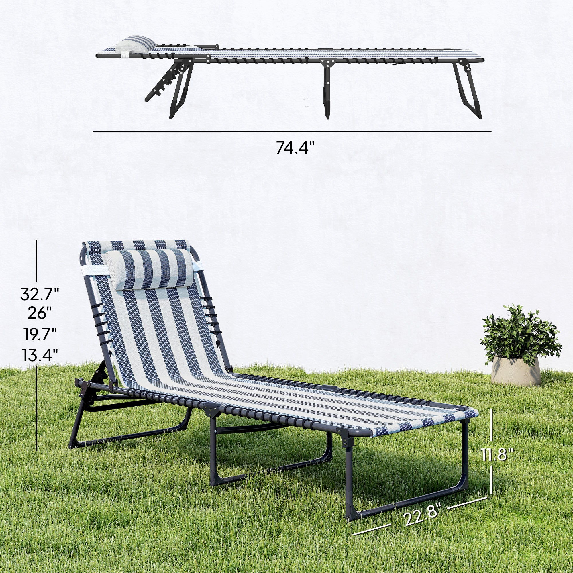 2 Folding Chaise Lounge Pool Chairs with 4-Position Reclining Back, Pillow, Breathable Mesh & Bungee Seat, Blue White