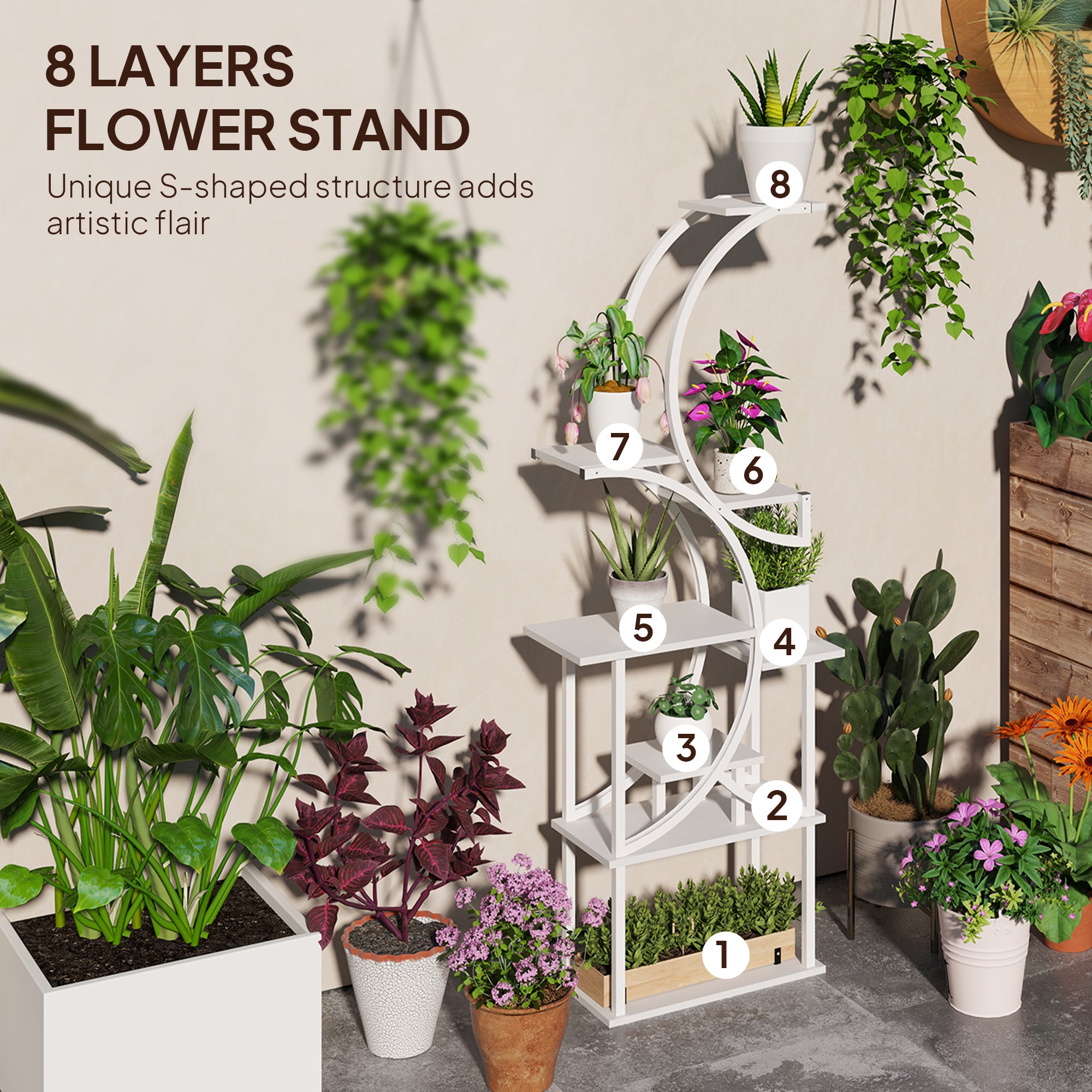 Plant Stand Indoor, 8 Tier 62" S-Shaped Plant Shelf, Corner Plant Rack for Multiple Plants, White