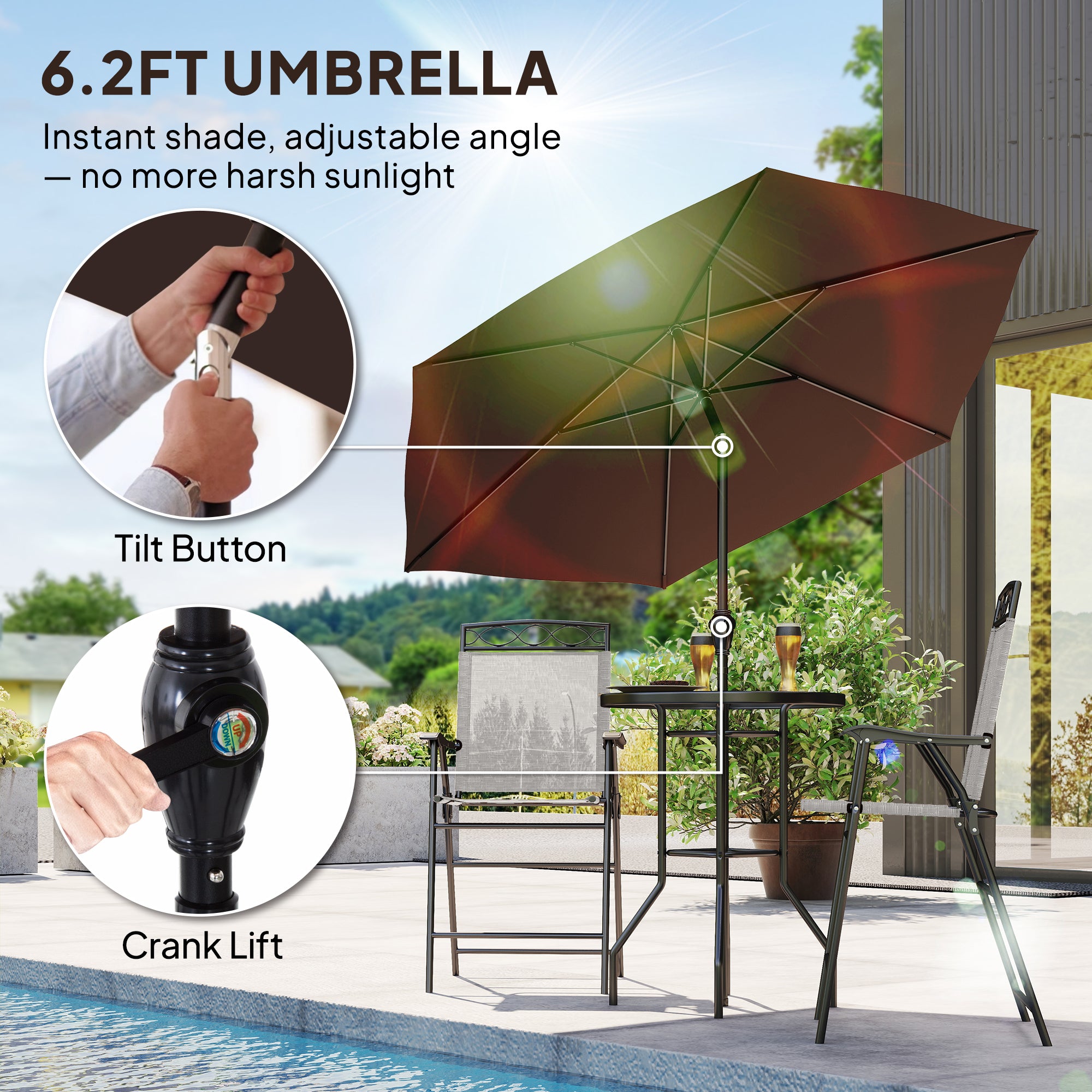 4 Piece Outdoor Bar Set with Umbrella, Patio Dining Set with 2 Folding Chairs, Wave Textured Tempered Glass Table for Backyard, Garden, Deck, Poolside