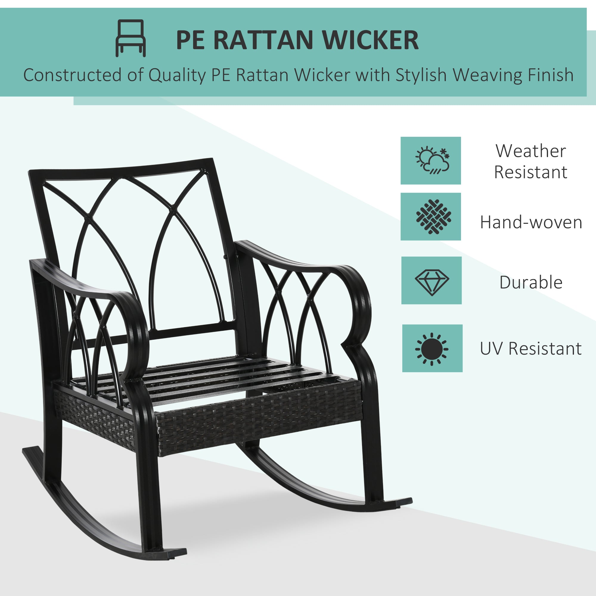Outdoor Wicker Rocking Chair with Padded Cushions, Aluminum Furniture Rattan Porch Rocker Chair w/ Armrest for Garden, Patio, and Backyard