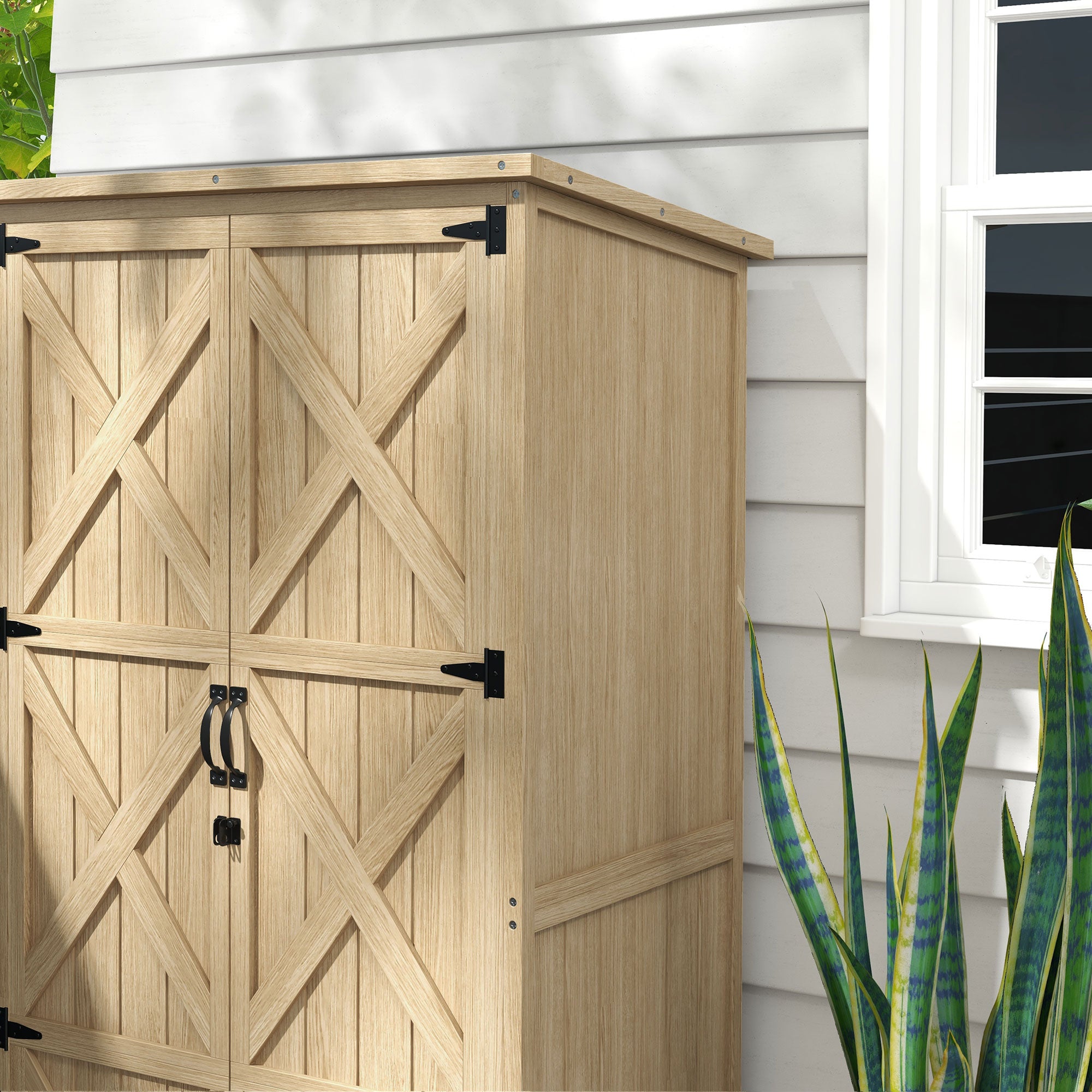 Wooden Outdoor Storage Cabinet Garden Shed with Waterproof Asphalt Roof and Lockable Doors