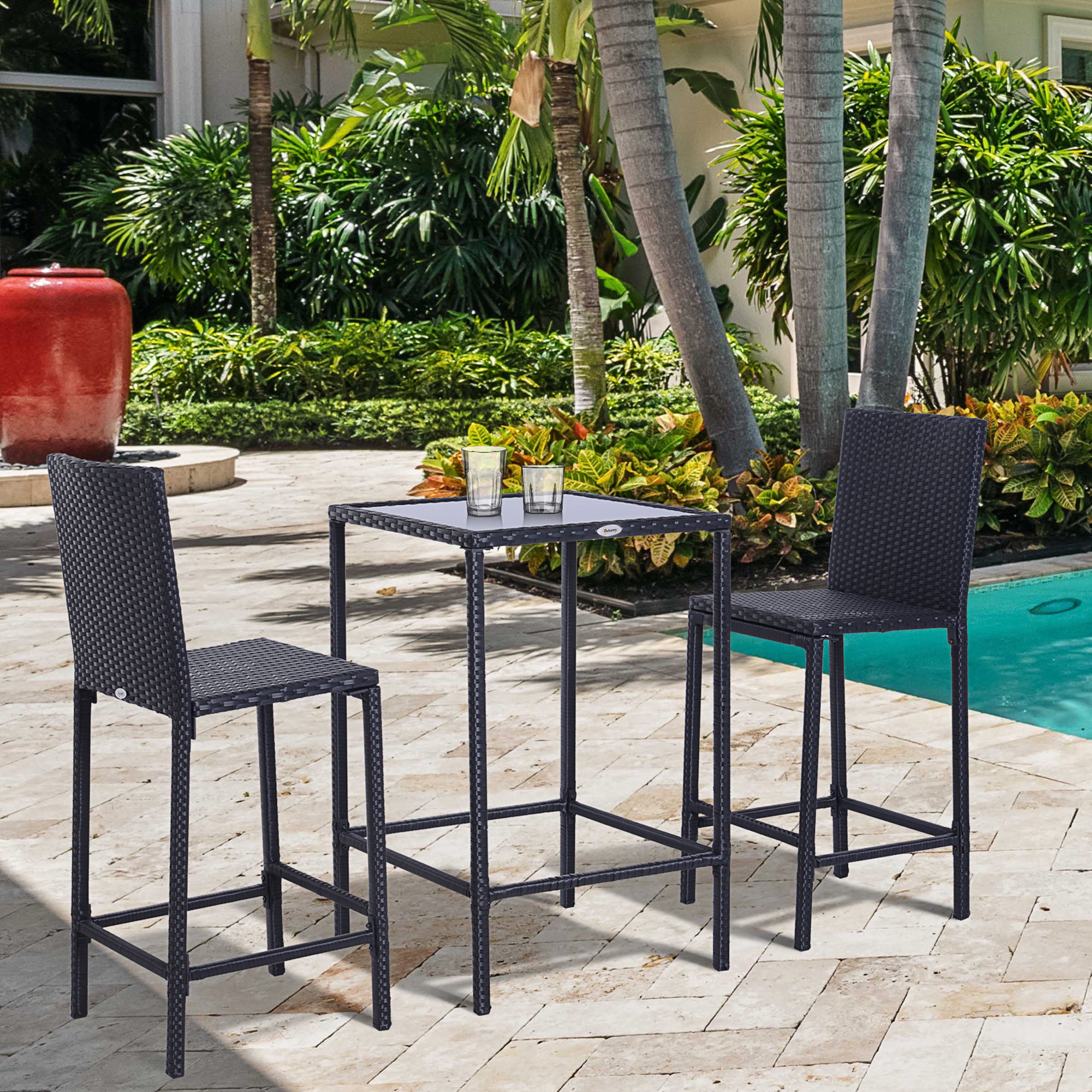 3 PCS Rattan Bar Set with Glass Top Table, 2 Bar Stools for Outdoor, Patio, Garden, Poolside, Backyard