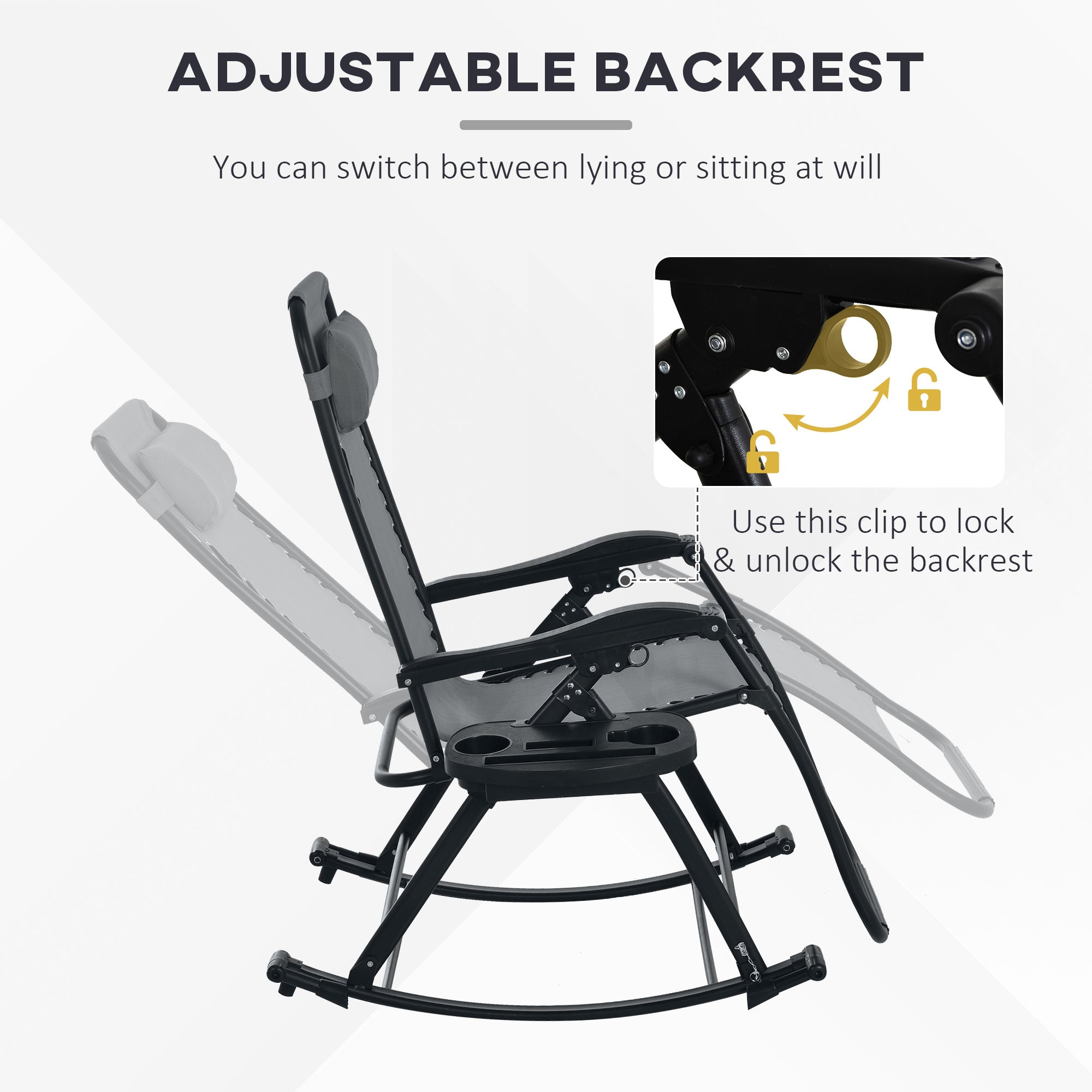 2 Outdoor Rocking Chairs Foldable Reclining Zero Gravity Lounge Rockers w/ Pillow Cup & Phone Holder
