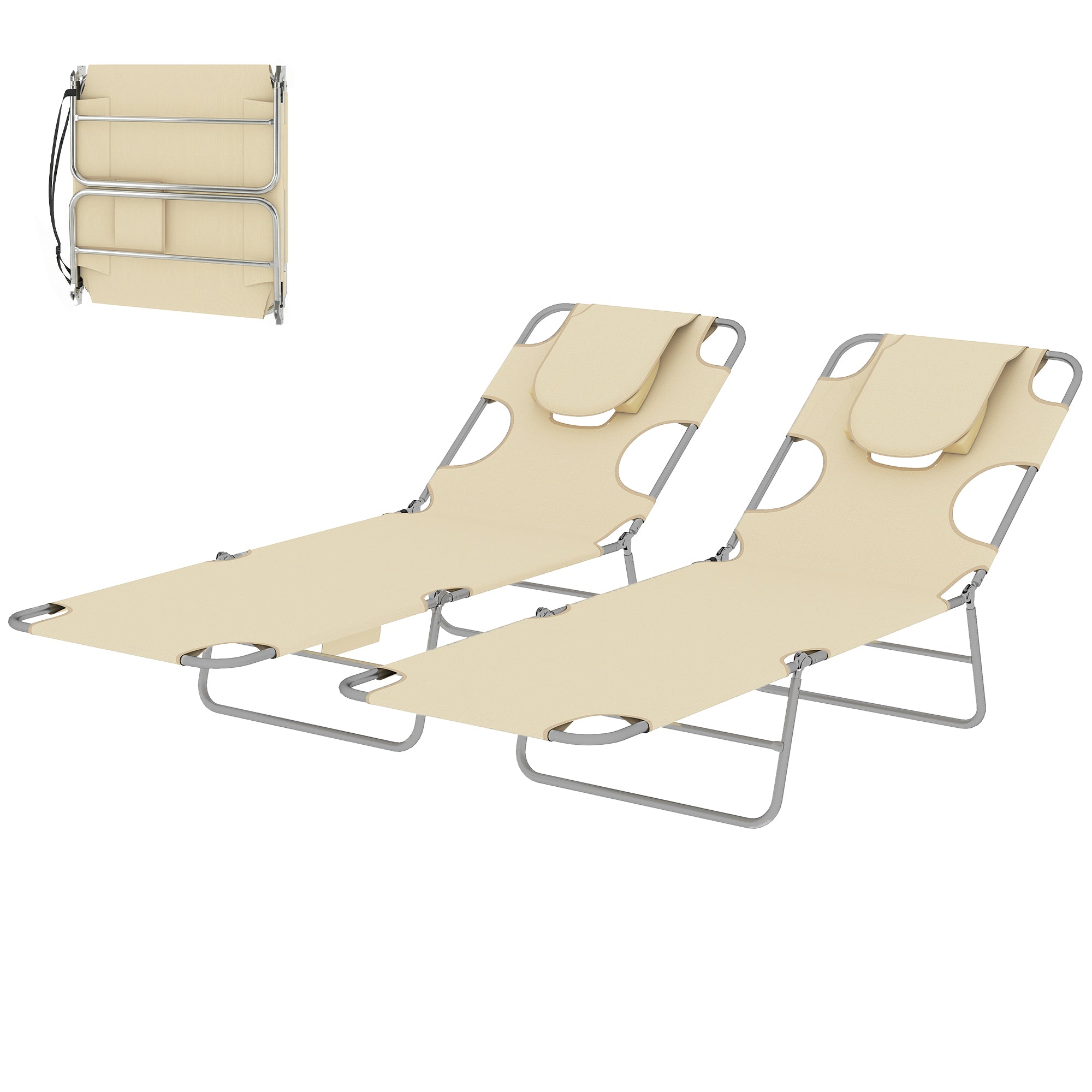 2 Tanning Chairs with Face Hole, 5-Level Adjustable Outdoor Chaise Lounge Chair with Pillow for Beach, Pool