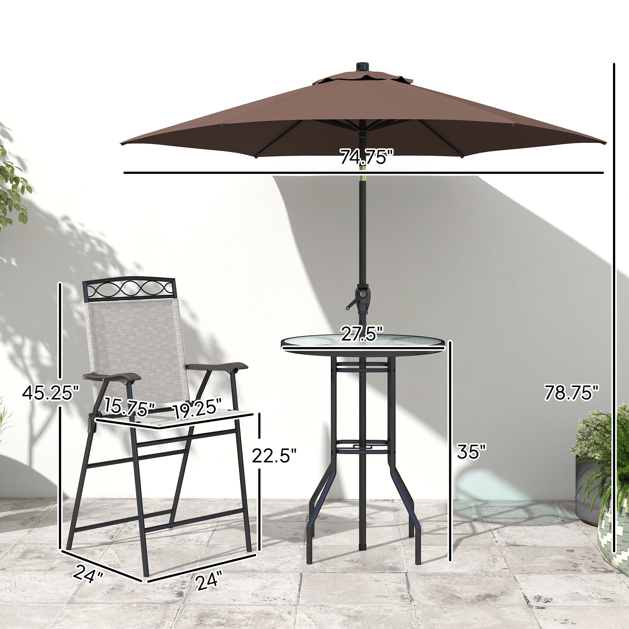 4 Piece Outdoor Bar Set with Umbrella, Patio Dining Set with 2 Folding Chairs, Wave Textured Tempered Glass Table for Backyard, Garden, Deck, Poolside