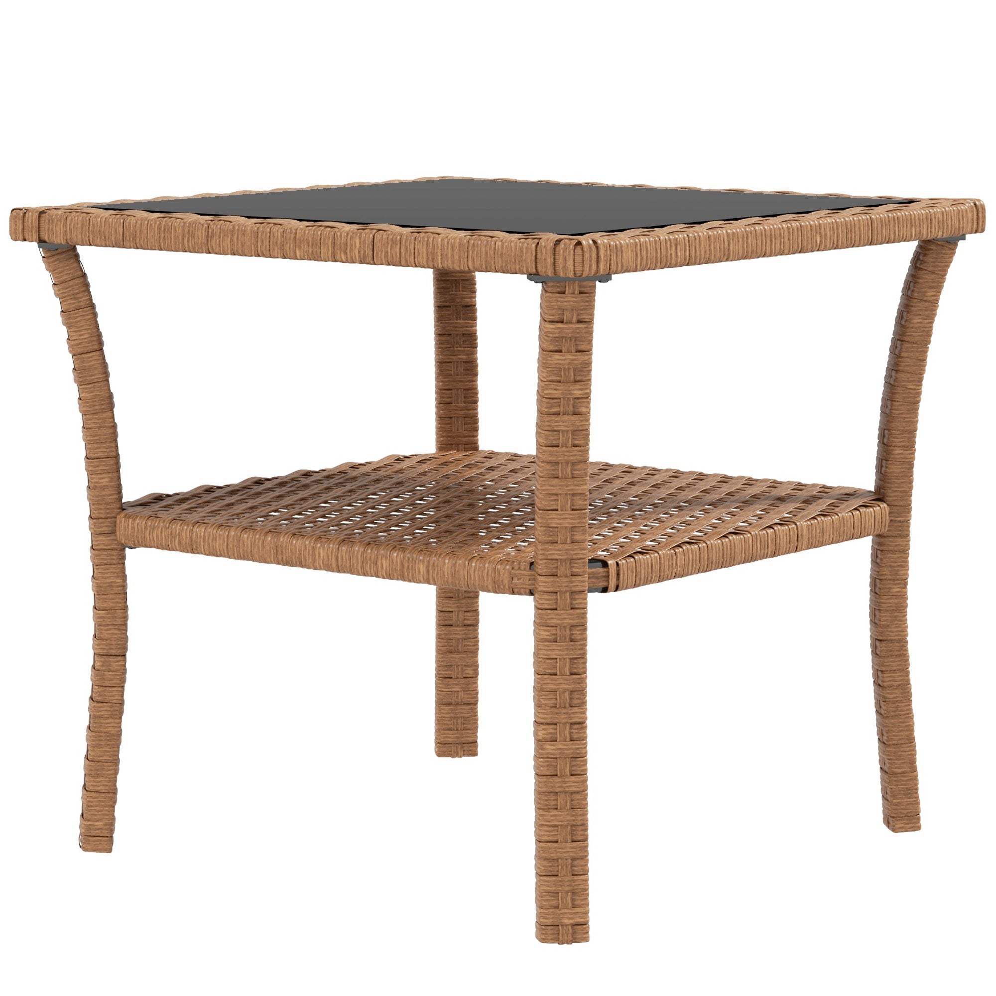 Rattan Side Table, Outdoor End Table with Storage Shelf, Aluminum Frame Square, Coffee Table with Tempered Glass Top