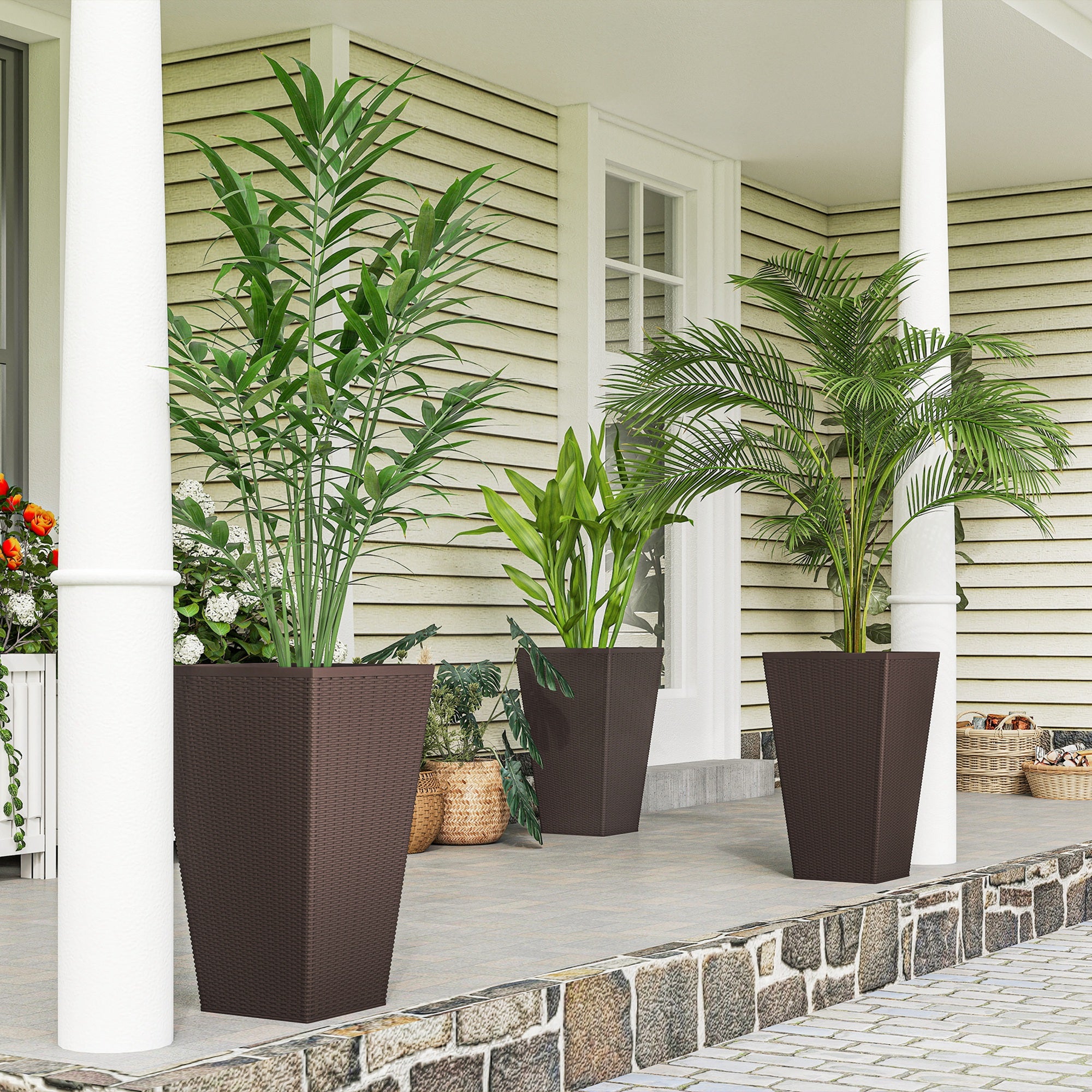 Set of 3 Tall Planters with Drainage Hole, 24" Outdoor Flower Plant Pots, Indoor Planters for Porch, Front Door, Entryway, Patio and Deck