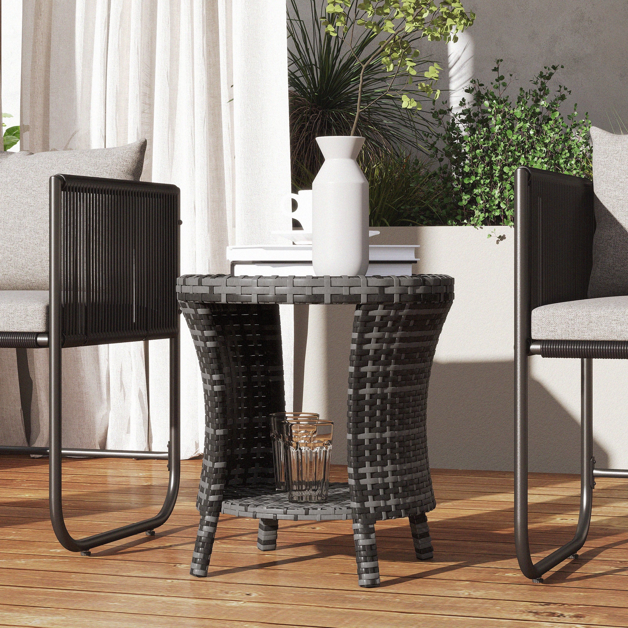 18" Wicker Outdoor Coffee Table, PE Rattan Patio Side Table with 2-Tier Storage, Composite Wood Top