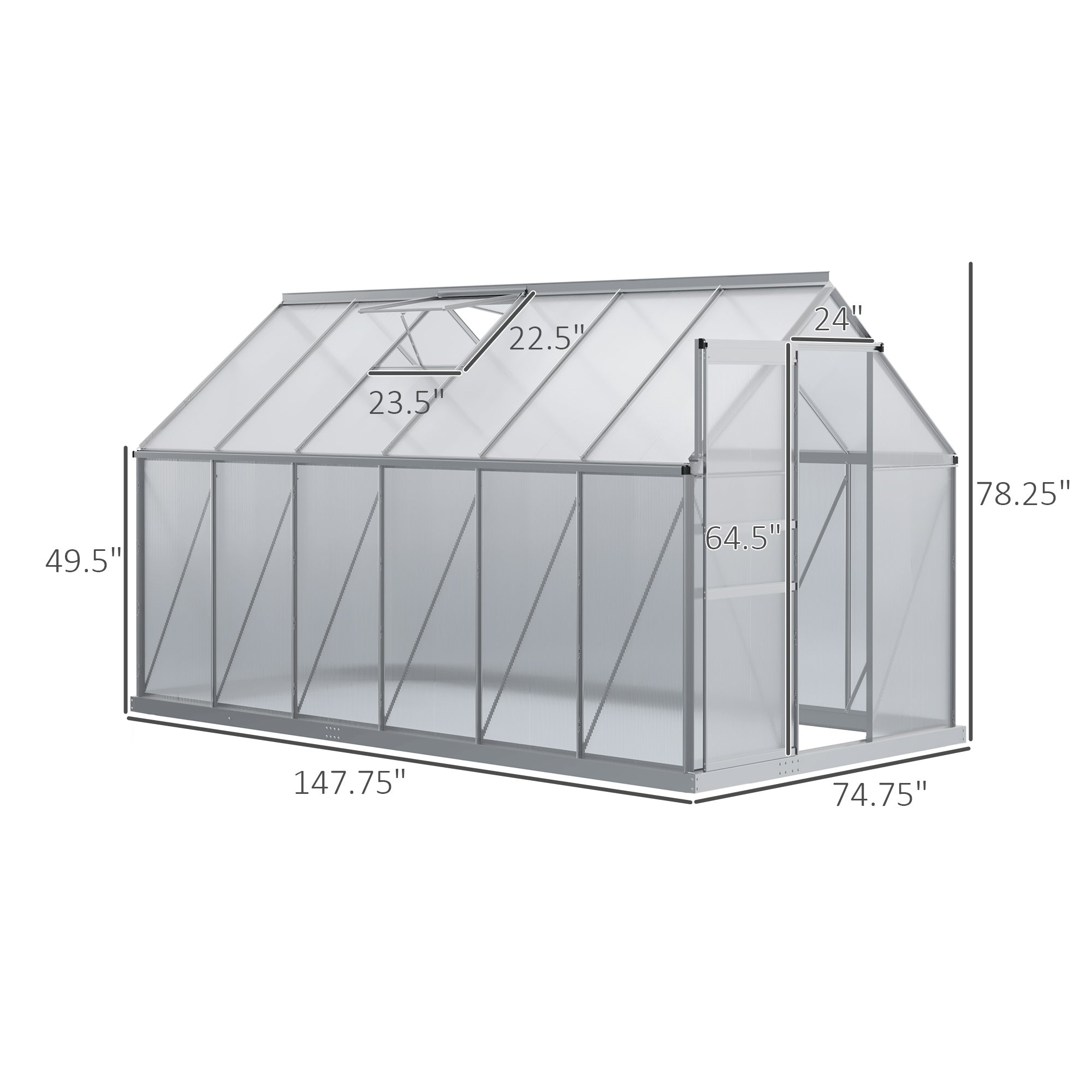6' x 6' x 6.5' Polycarbonate Greenhouse with Aluminum Frame, Walk-in Heavy Duty Green House with Adjustable Roof Vent, Rain Gutter and Sliding Door for Winter, Silver