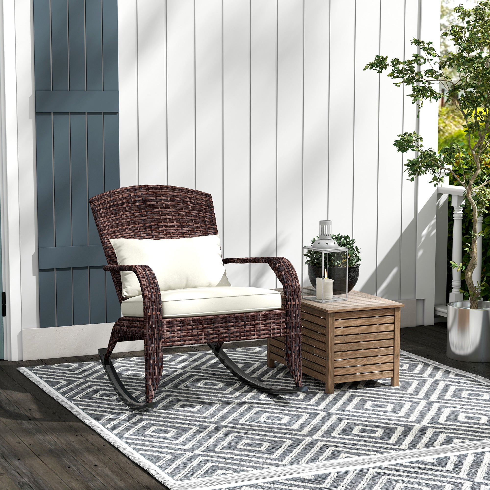 Adirondack Chair, Outdoor Wicker Rocking Chair with High Back, Seat Cushion, and Pillow for Porch, Balcony