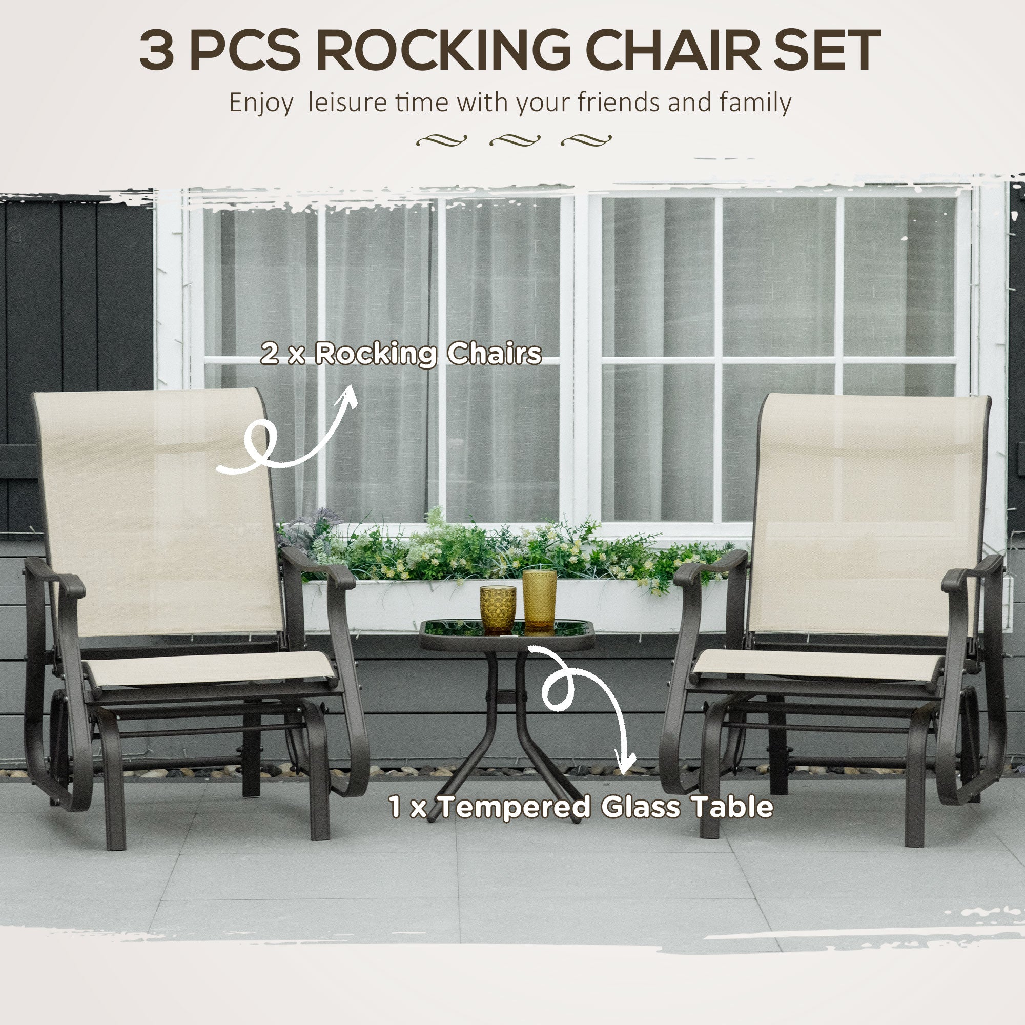3-Piece Outdoor Gliders Set Bistro Set with Steel Frame, Tempered Glass Top Table for Patio, Garden, Backyard, Lawn