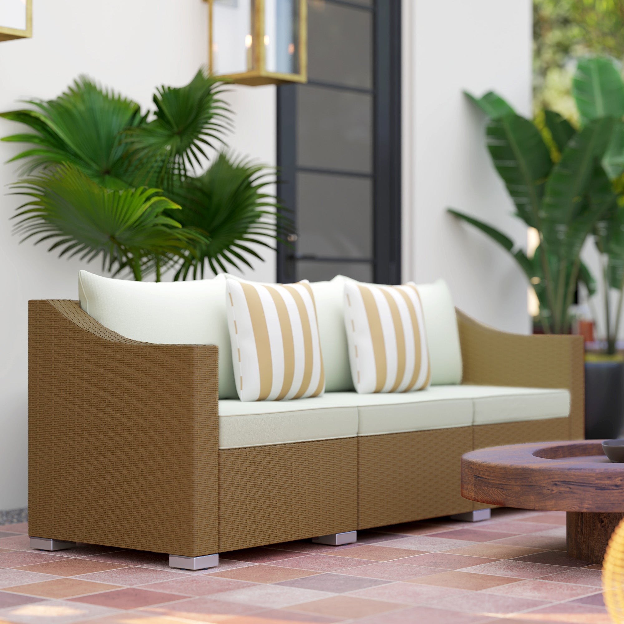 Rattan Wicker 3 Seater Patio Couch with Cushions, 2 Throw Pillows, Outdoor Furniture Rattan Sofa