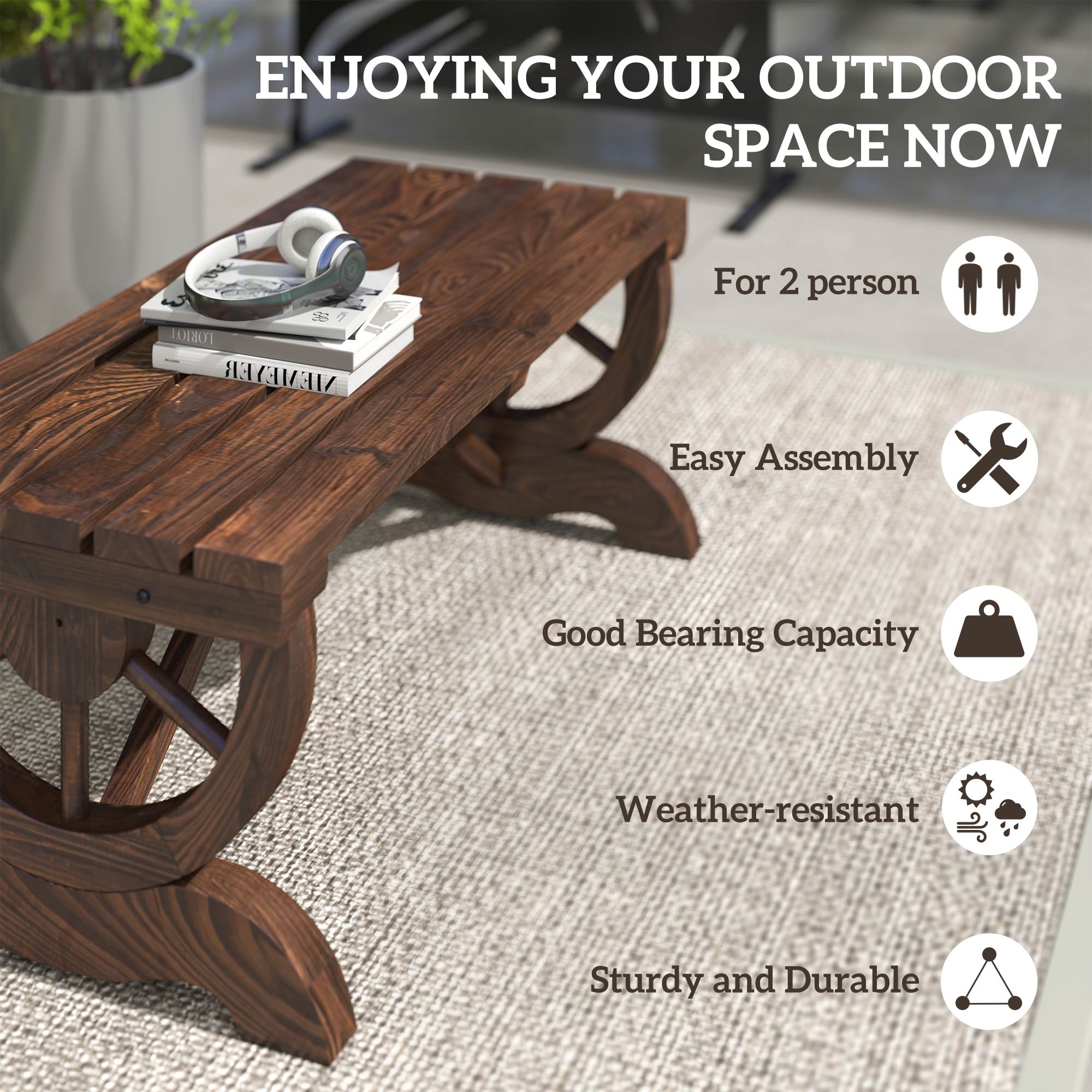 2-Person Wooden Garden Bench, Outdoor Wagon Wheel Porch Bench for Backyard Garden, Support 550 LBS, Rustic Country Style Patio Furniture