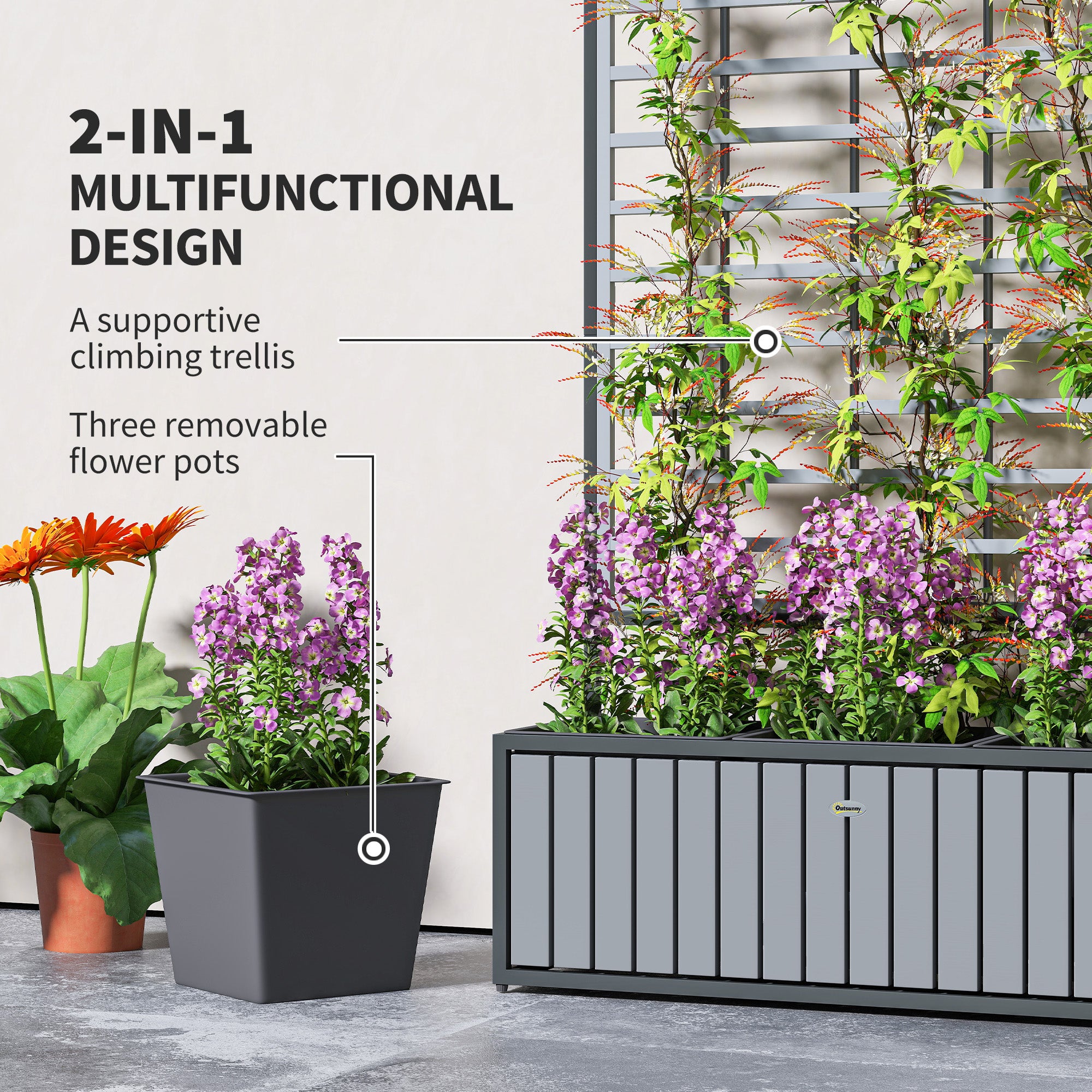Wooden Raised Garden Bed with Trellis, Removable Pots for Backyard, Patio, Balcony, 29" x 11" x 52"