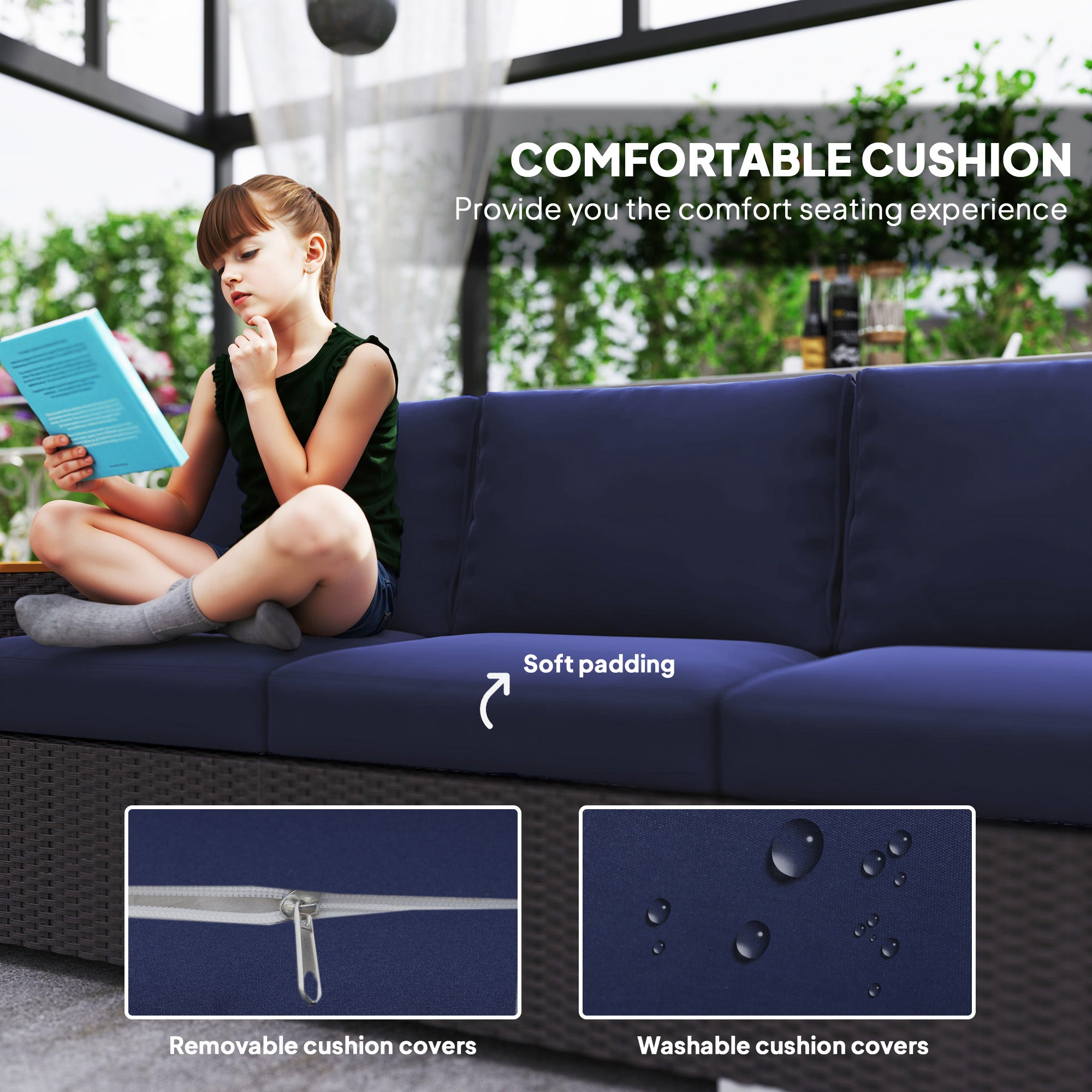 3-Seat Outdoor Patio Sofa, PE Wicker Outdoor Couch with Extra Wide Deep Seat, Wide Armrests 4" Cushions