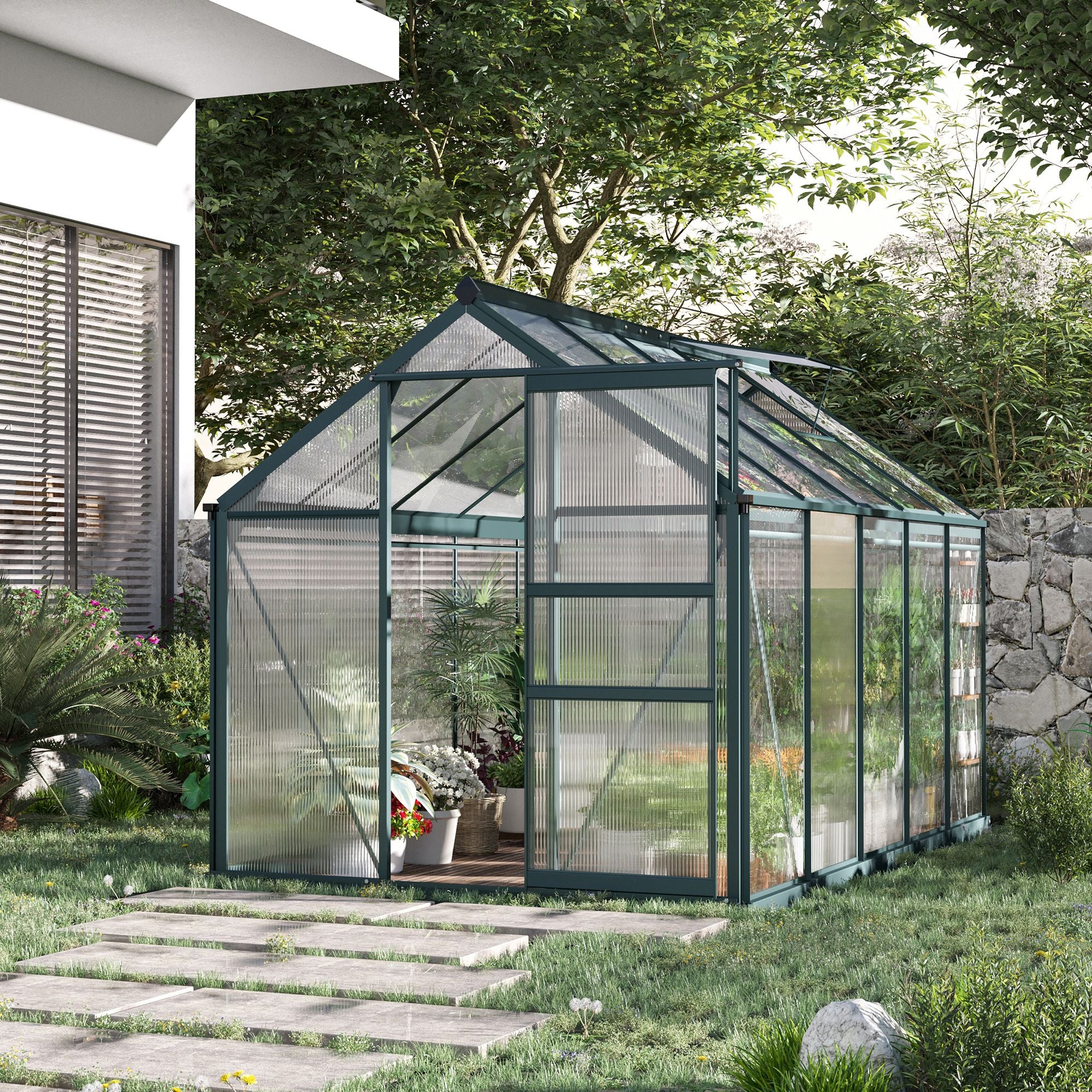 Greenhouse for Outdoors, Polycarbonate Greenhouse with Rain Gutter and Roof Vent, Aluminum Walk-in Green House for Patio Backyard Garden