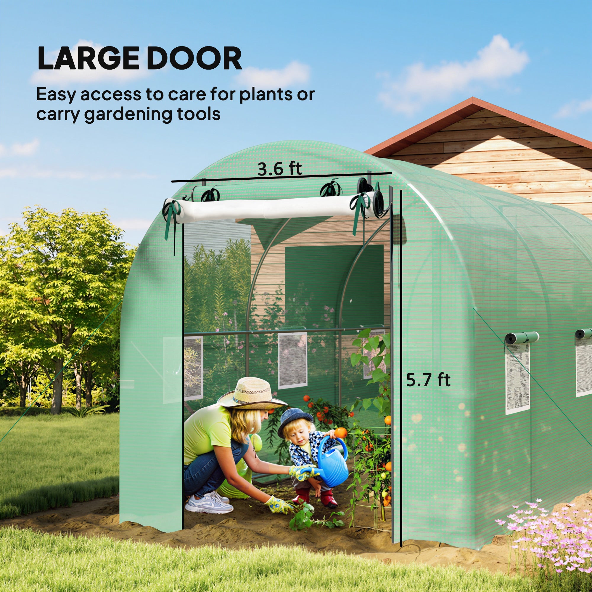 Hoop House Greenhouse, Walk-in Tunnel Greenhouse with 2 Support Rods, Zippered Roll-up Mesh Door, 14.6'x6.5'x6.6'