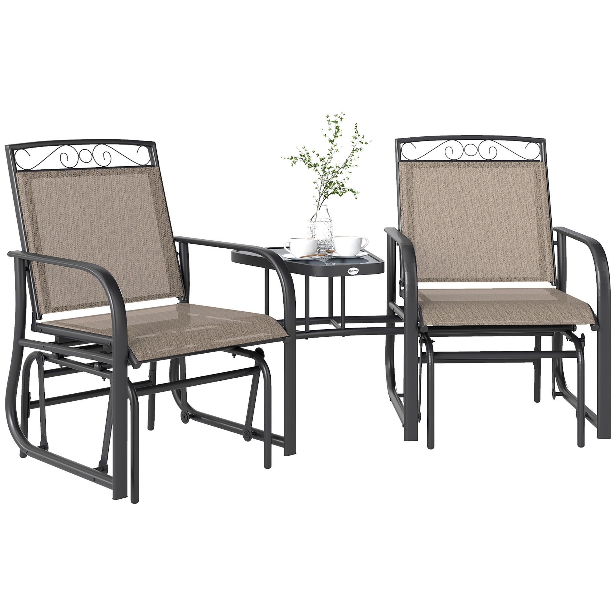 Outdoor Glider Chairs with Coffee Table, Patio 2-Seat Rocking Chair Swing with Breathable Sling for Backyard, Garden and Porch