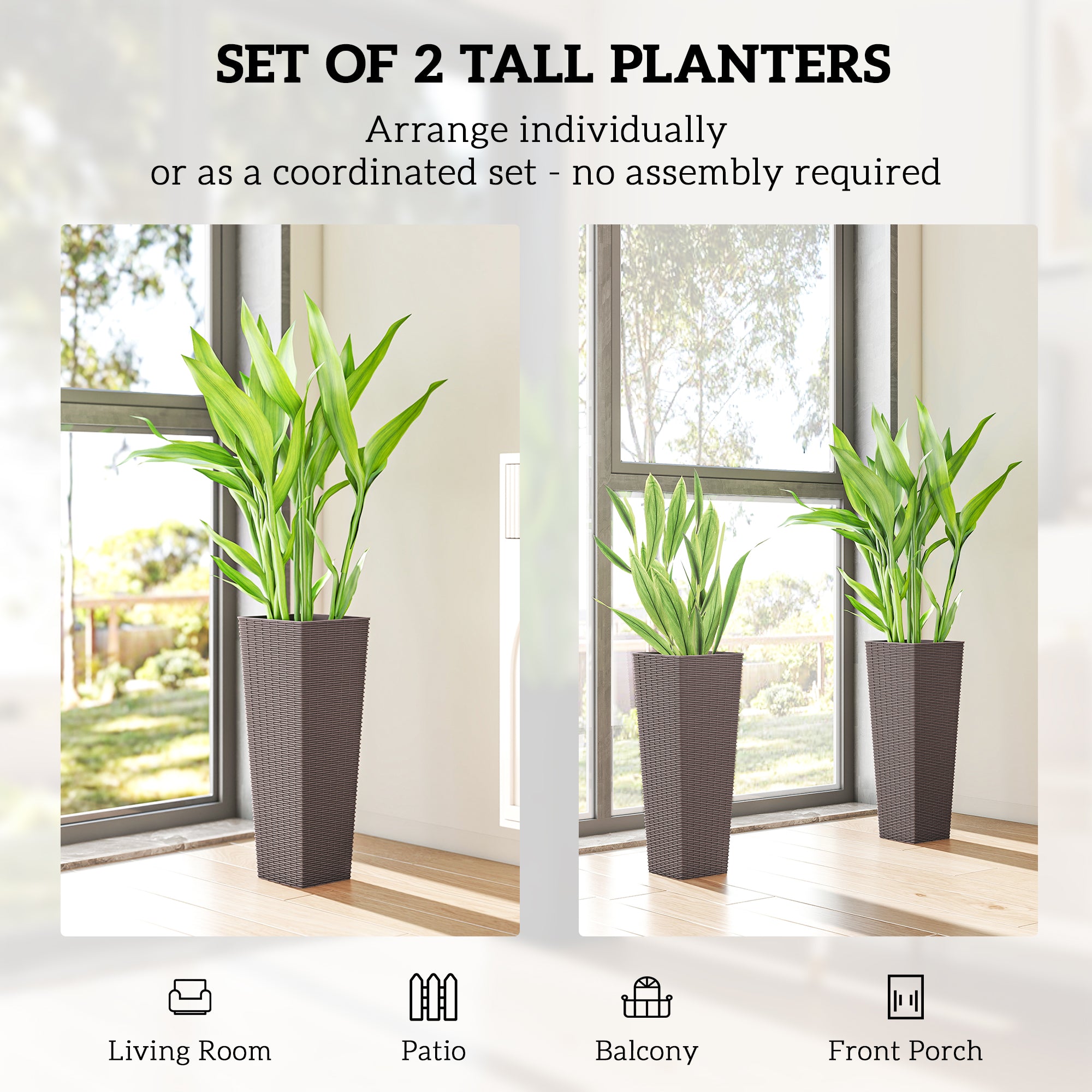 23.6 Inch Tall Planters for Outdoor Plants, Set of 2 Plastic Flower Pots with Drainage Holes
