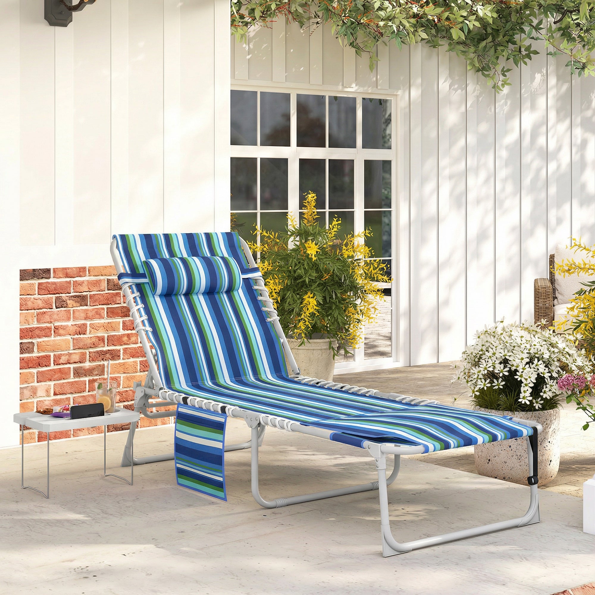 Tanning Chair with Face Hole and Side Table, 5-Position Folding Outdoor Chaise Lounge Chair