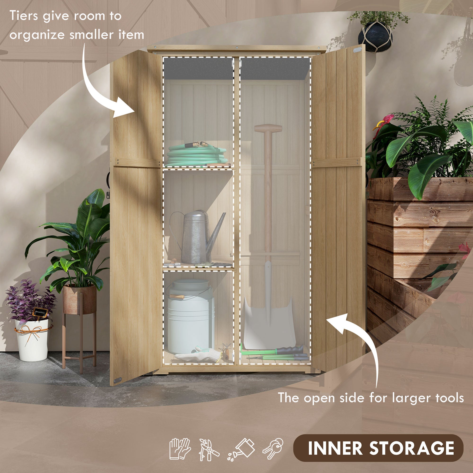 Wooden Outdoor Storage Cabinet Garden Shed with Waterproof Asphalt Roof and Lockable Doors