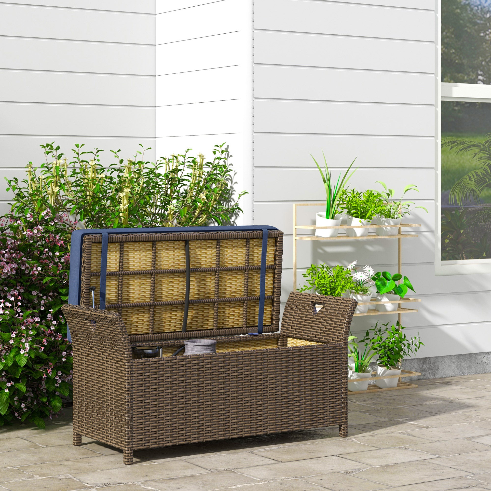 Outdoor Patio Wicker Storage Bench, 2-In-1 Rattan Patio Furniture, 29 Gal Storage Box w/ Cushion, Dark Blue