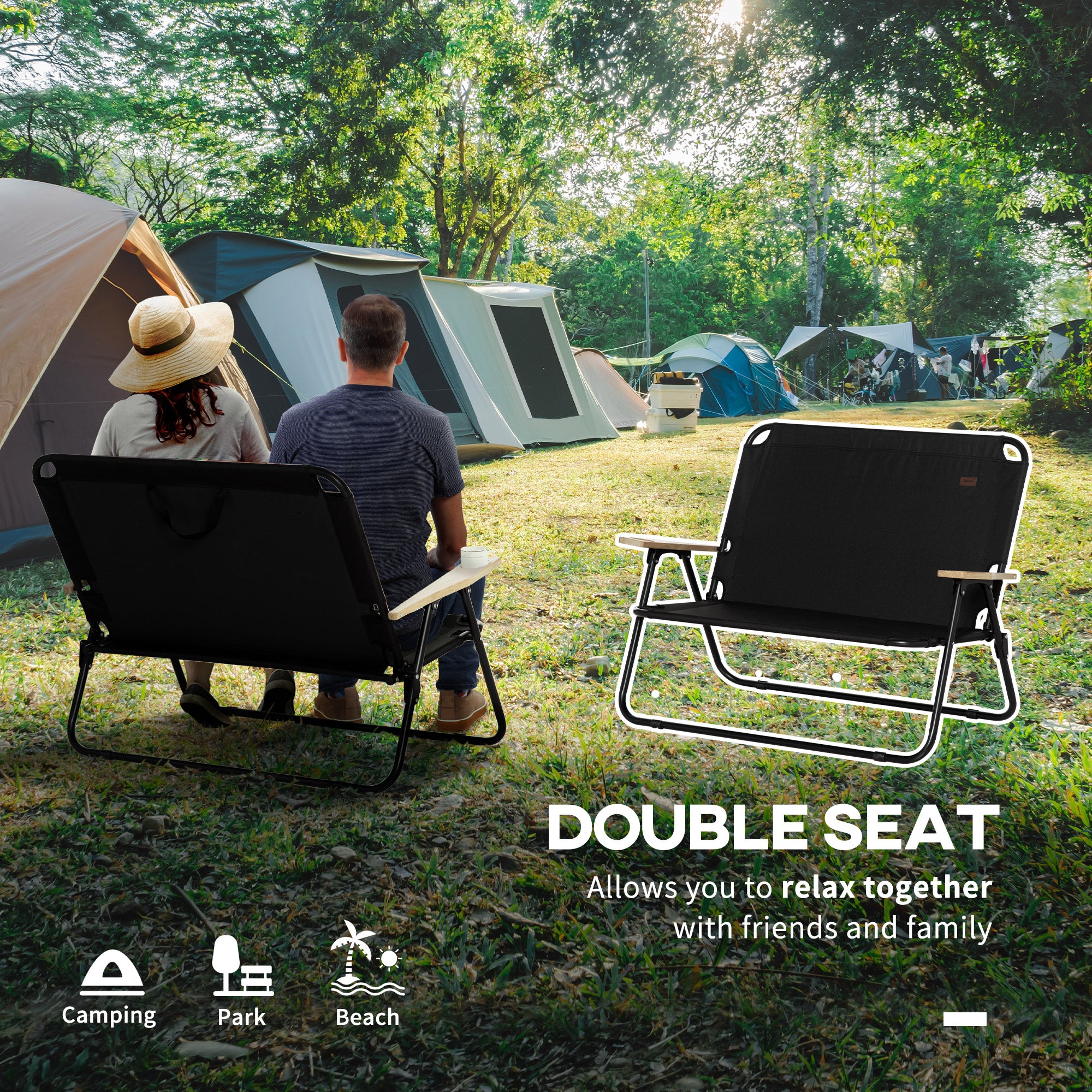Double Folding Camping Chair, Loveseat for 2 Adults, Portable Camping Couch with Wood Armrest & Cupholders, for Backpacking, Beach, Sports Travel