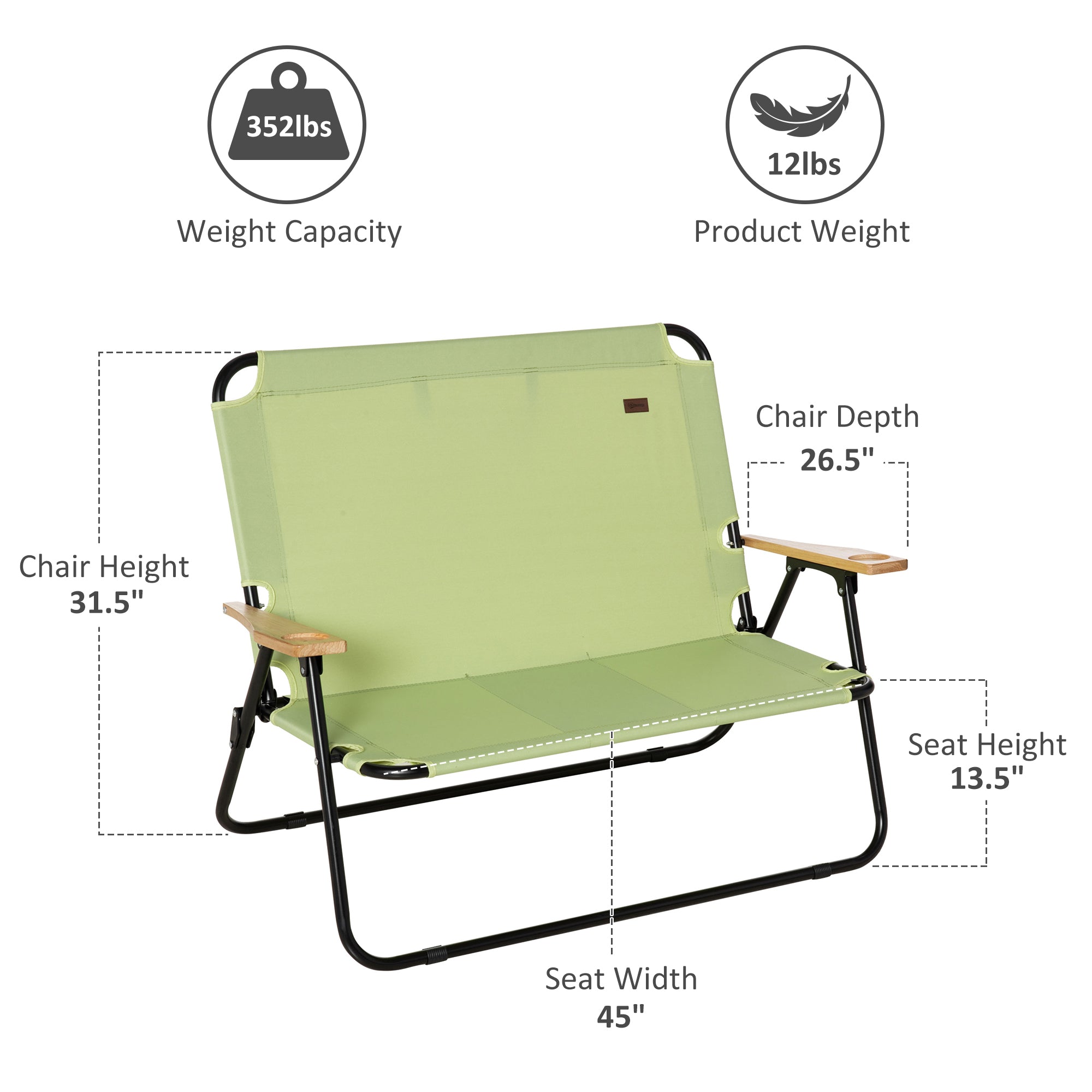 Double Folding Camping Chair, Loveseat for 2 Adults, Portable Camping Couch with Wood Armrest & Cupholders, for Backpacking, Beach, Sports Travel
