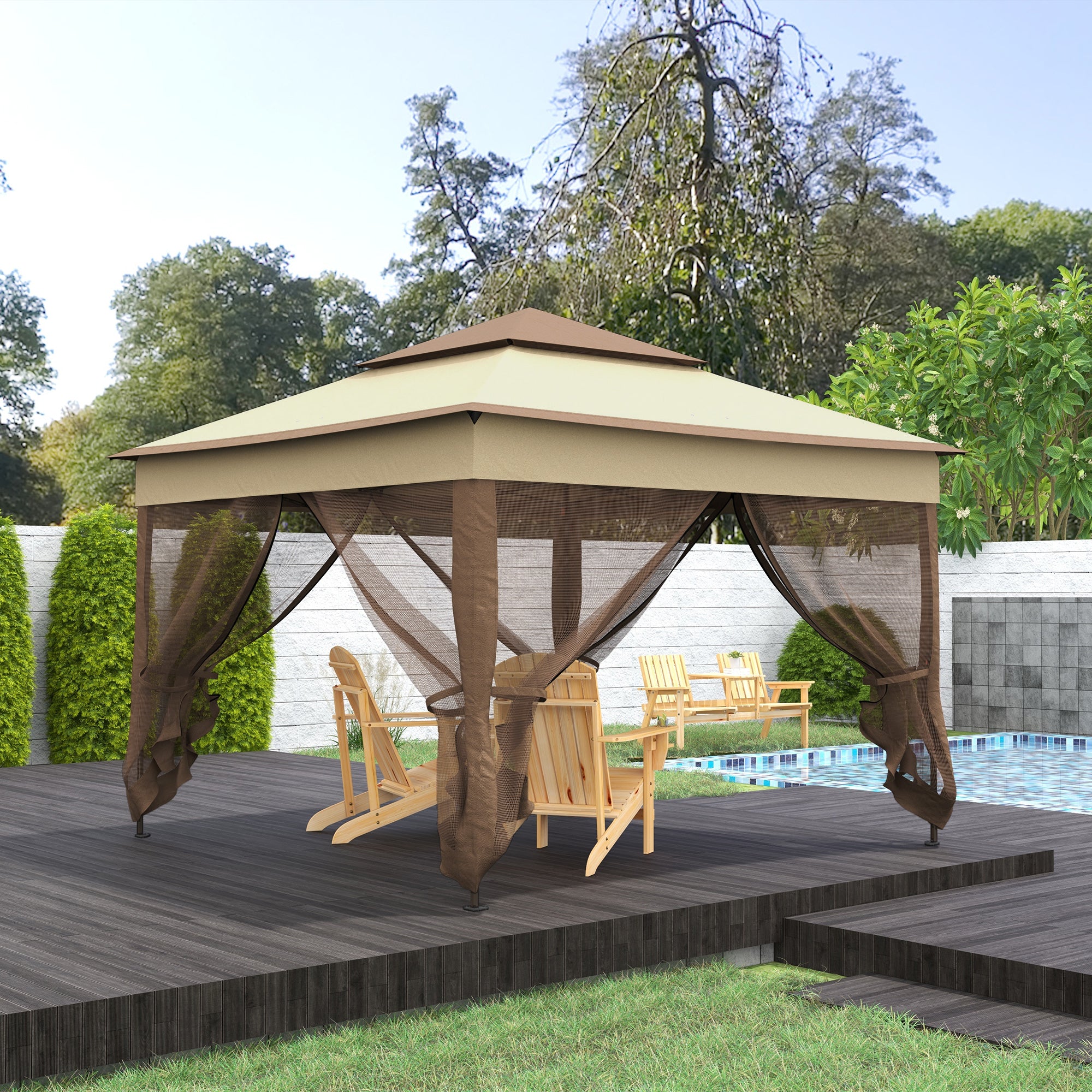 Patio Bench, Garden Bench with Middle Table and Umbrella Hole, Wooden Outdoor Bench for Patio, Porch, Poolside, Balcony