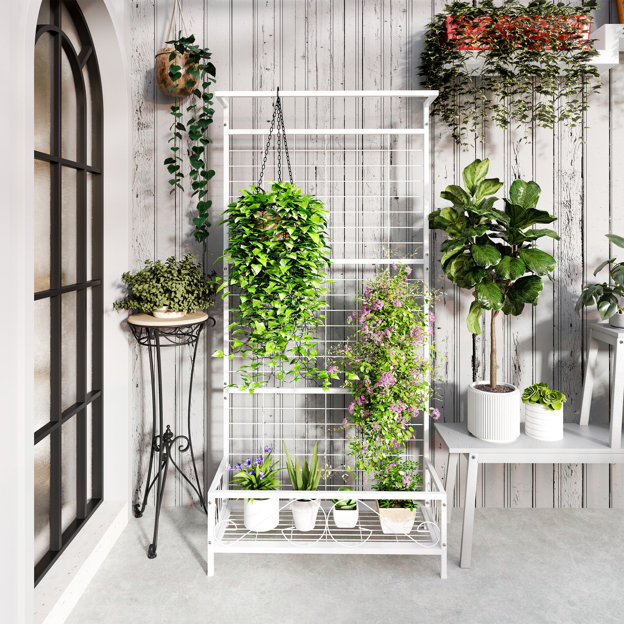 Metal Tall Plant Stand with Trellis and Hanging Bar, Plant Holder for Indoor Outdoor Use, 35" x 12.8" x 74"