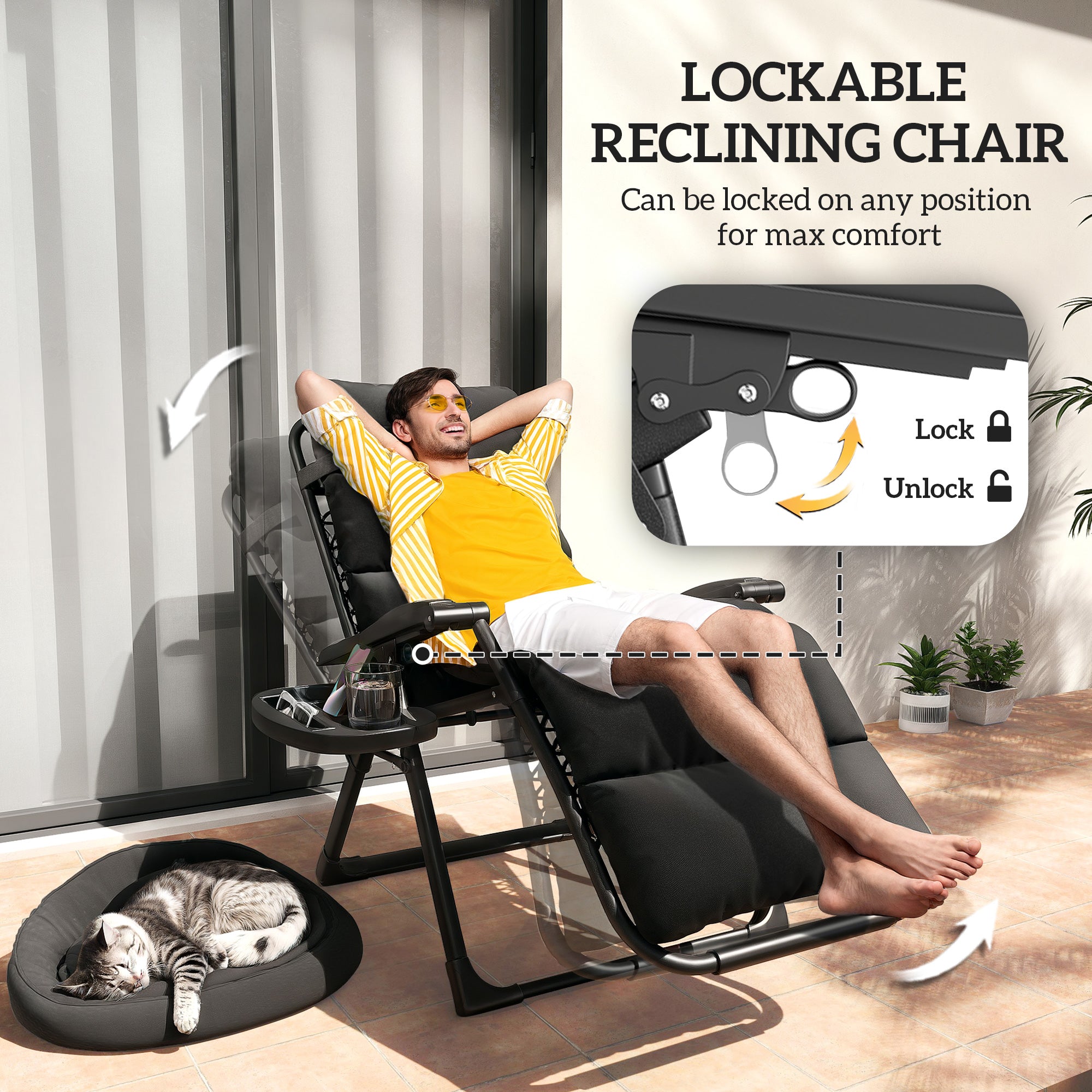 Zero Gravity Lounge Chair Set, 2 Pieces Reclining Folding Outdoor Lounge Chairs with Cushion, Headrest, Side Tray, Black