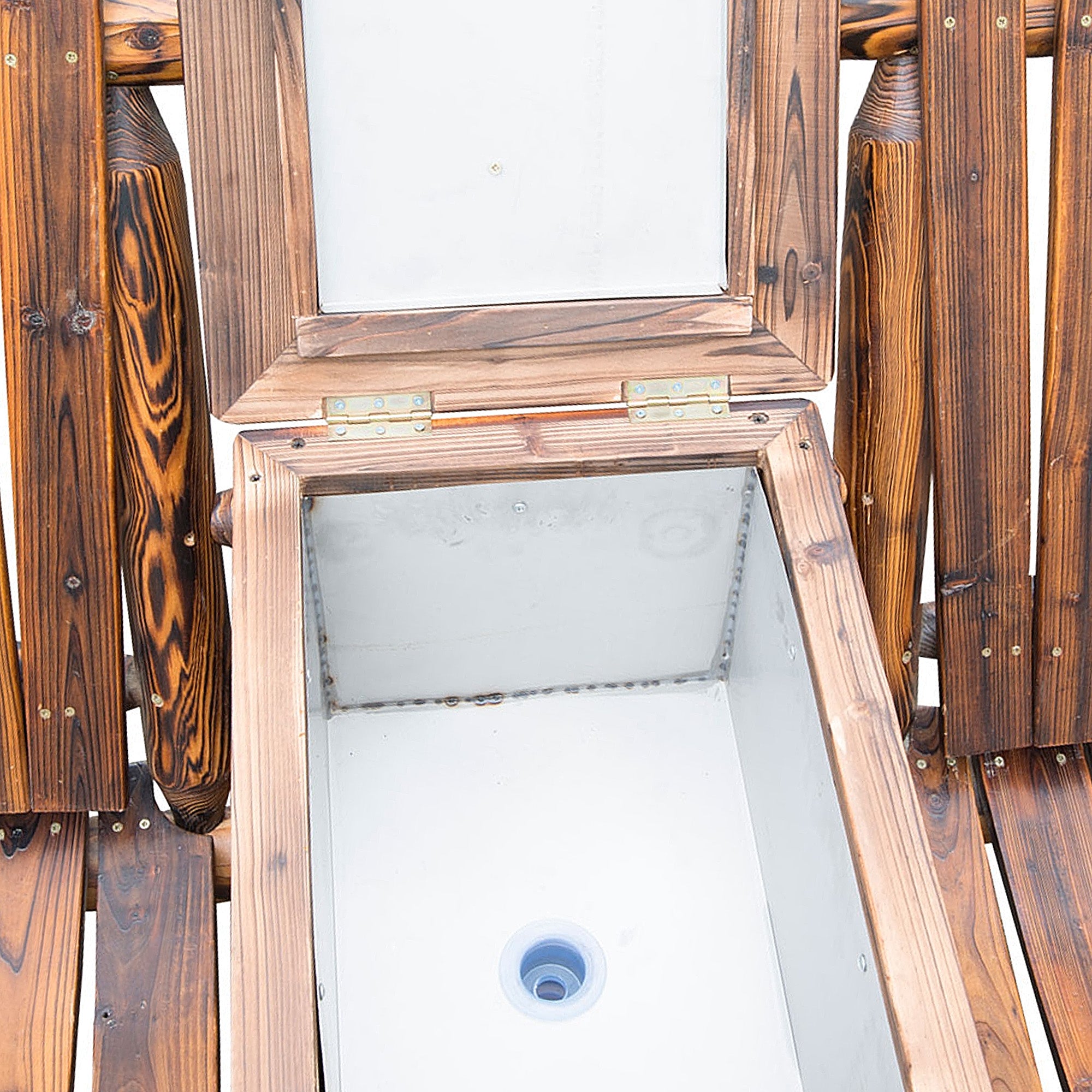 Double Wooden Adirondack Chair with Ice Bucket, Outdoor Loveseat with High Backrest, Smooth Armrest, Rustic Brown