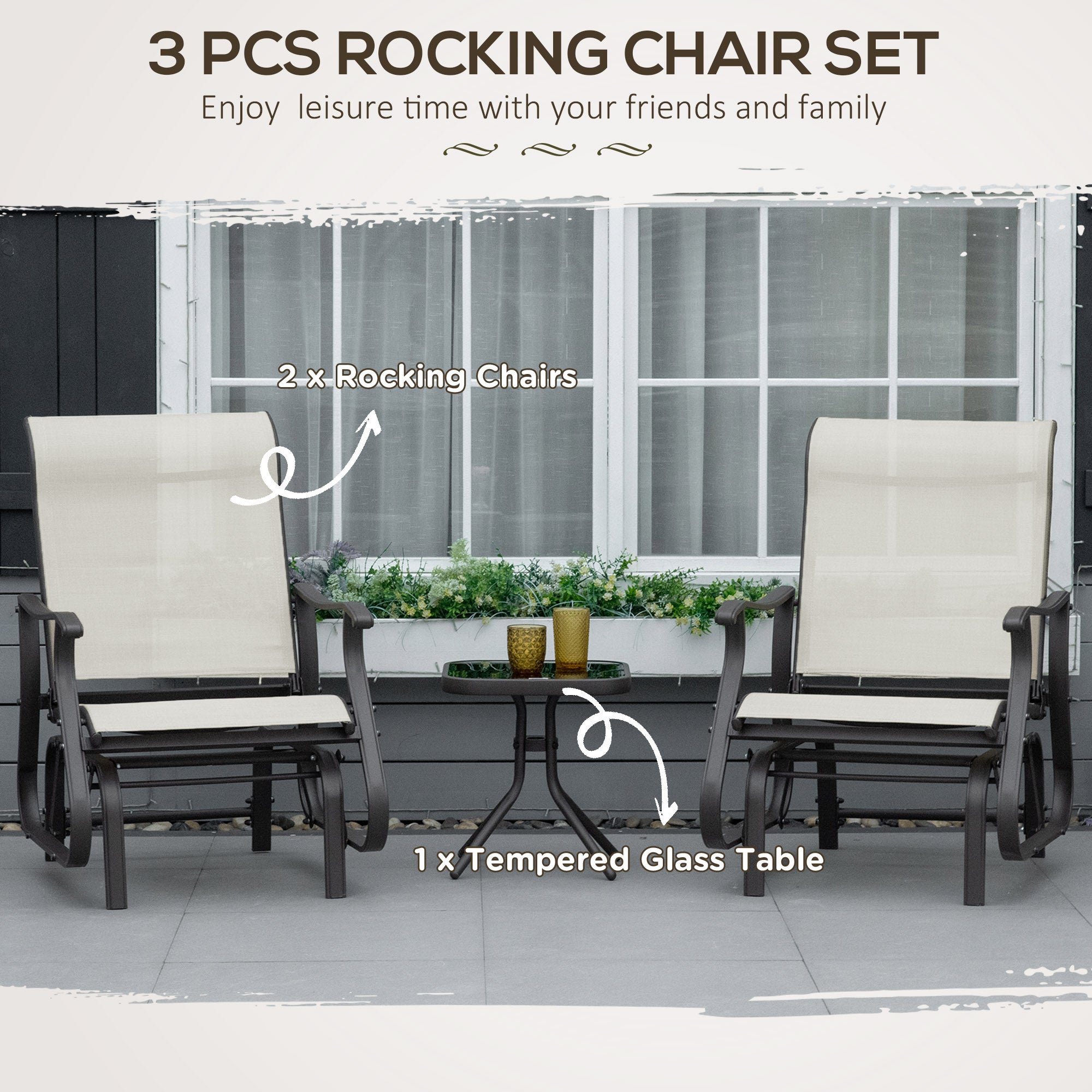 3-Piece Outdoor Gliders Set Bistro Set with Steel Frame, Tempered Glass Top Table for Patio, Garden, Backyard, Lawn