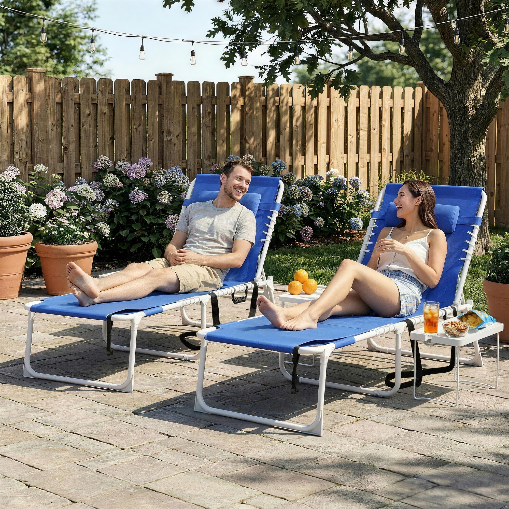 Tanning Chair Set of 2 with Face Hole and Side Table, 5-Position Folding Outdoor Chaise Lounge Chair