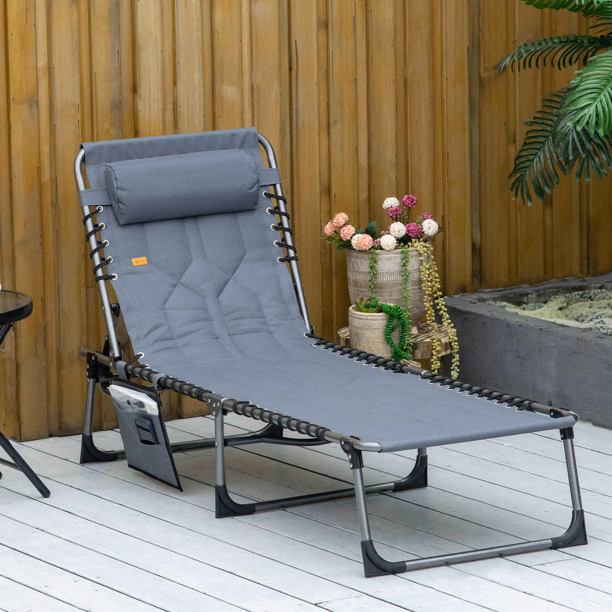 Padded Folding Chaise Lounge Chair, Outdoor 6-Level Reclining Camping Tanning Chair with Headrest for Beach, Yard, Patio, Pool
