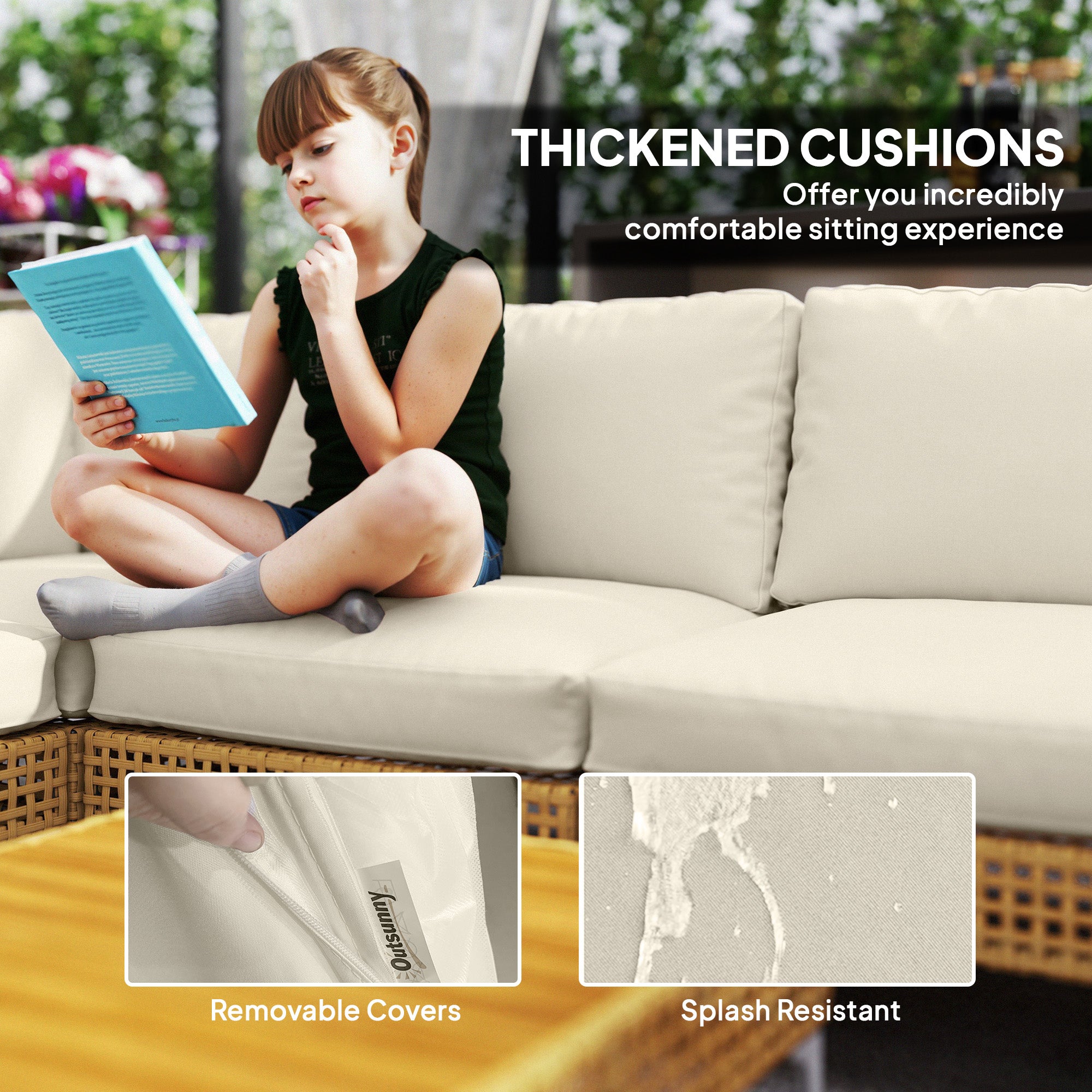 7 Piece Wicker Patio Furniture Set, Modular Outdoor Sectional with Thickened Cushions, Acacia Wood Table