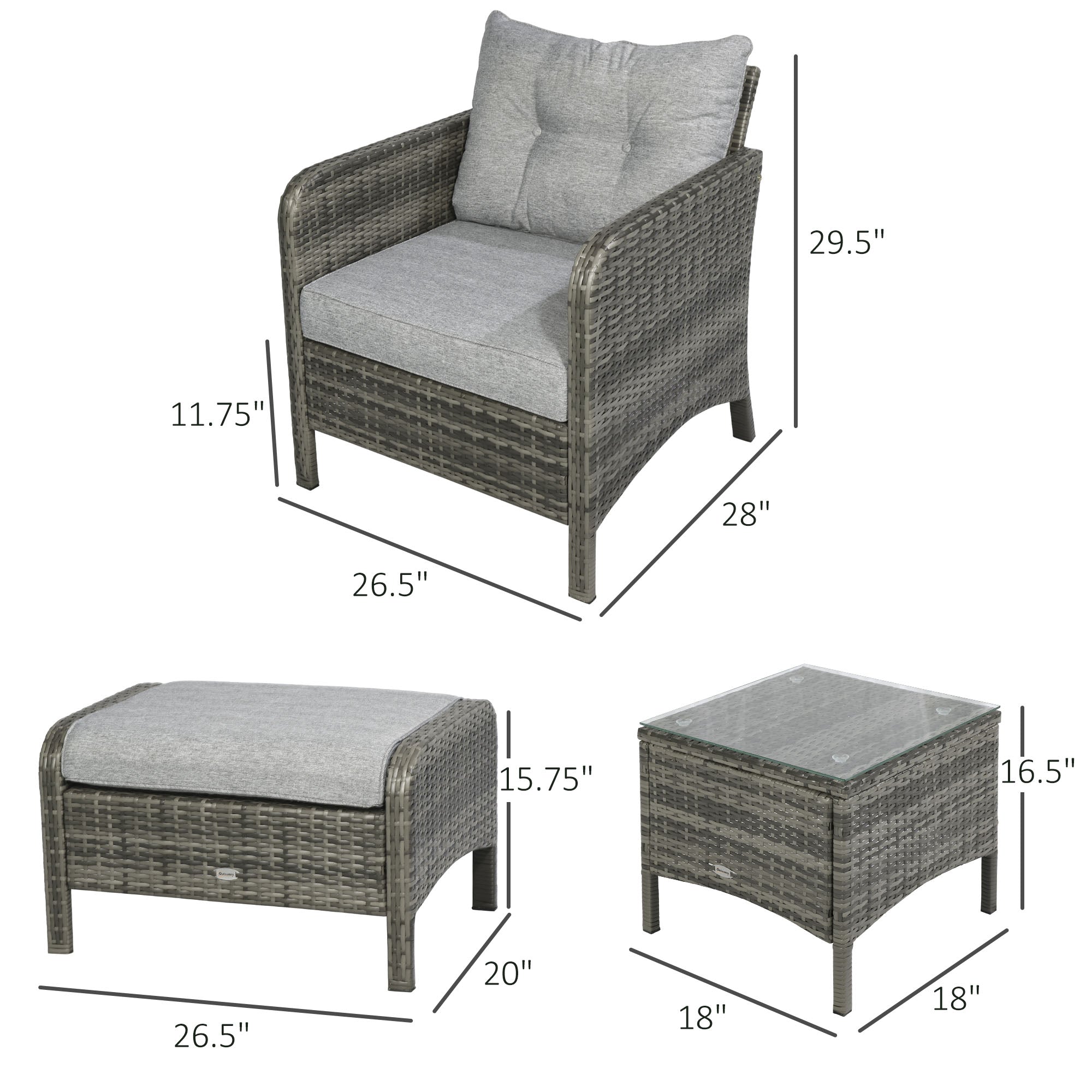 5 Pieces Rattan Wicker Lounge Chair Outdoor Patio Conversation Set with 2 Cushioned Chairs, 2 Ottomans and Tempered Glass Top Coffee Table