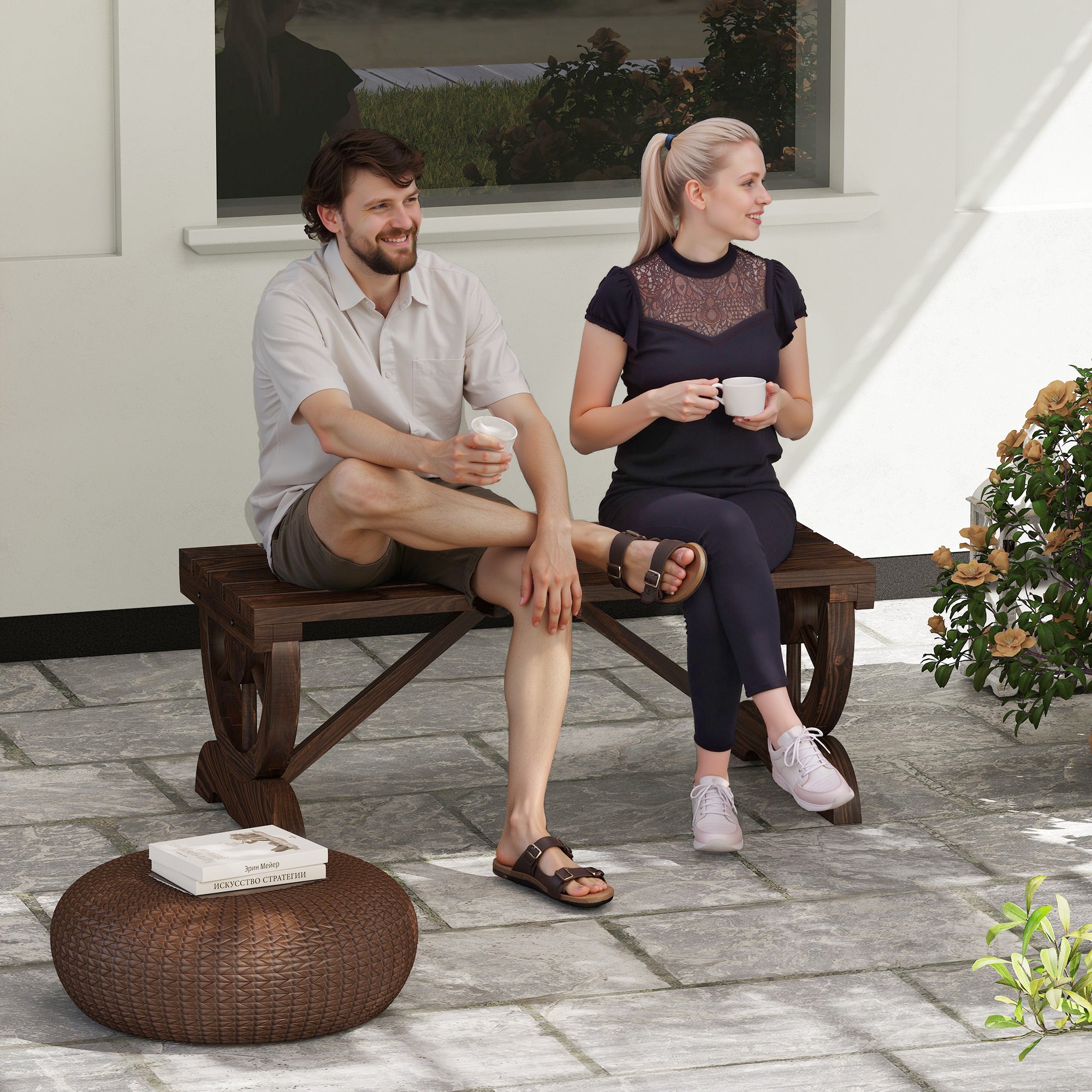 2-Person Wooden Garden Bench, Outdoor Wagon Wheel Porch Bench for Backyard Garden, Support 550 LBS, Rustic Country Style Patio Furniture