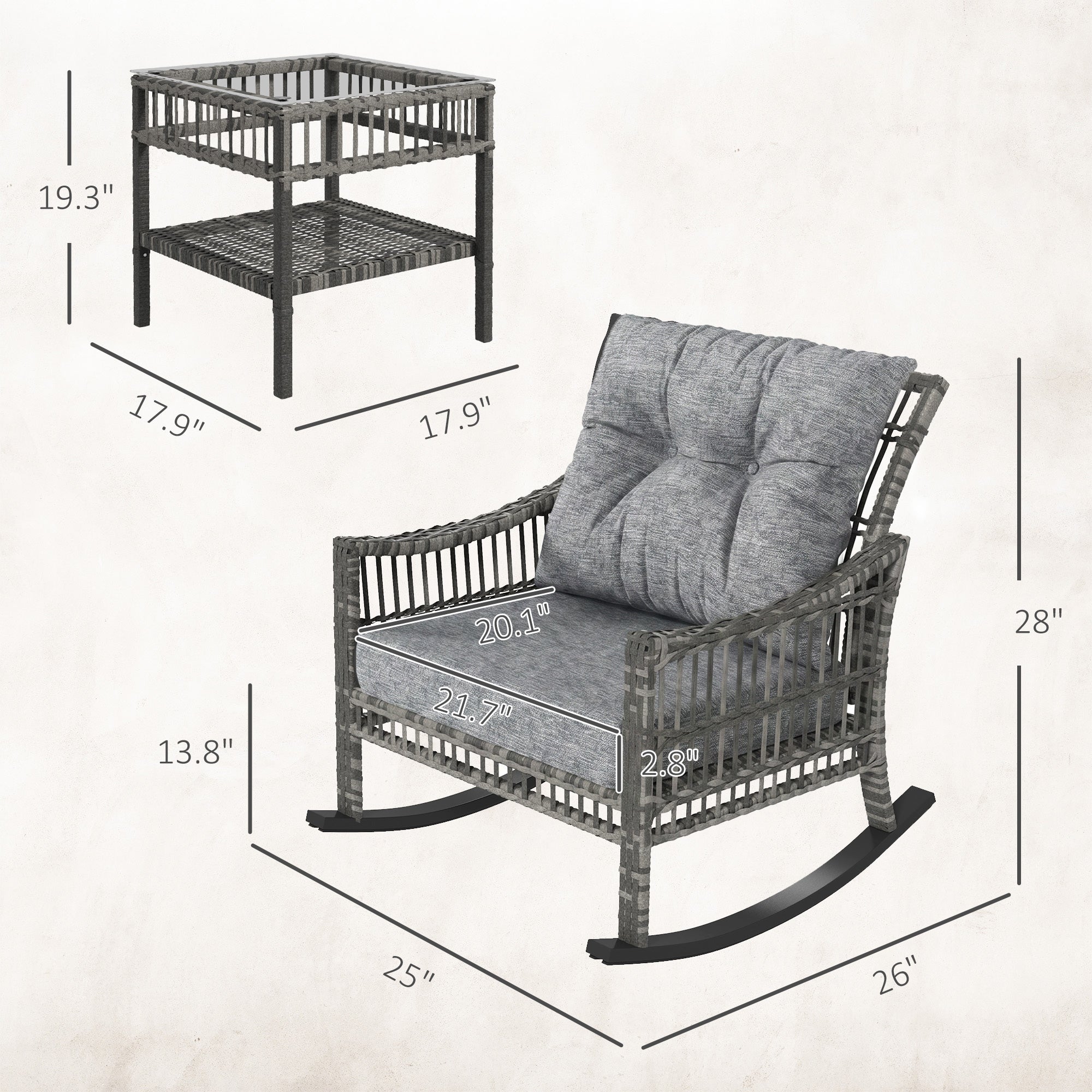 3 Piece Outdoor PE Rattan Rocker Chair Set, Rocking Chair with Tempered Glass Table Top