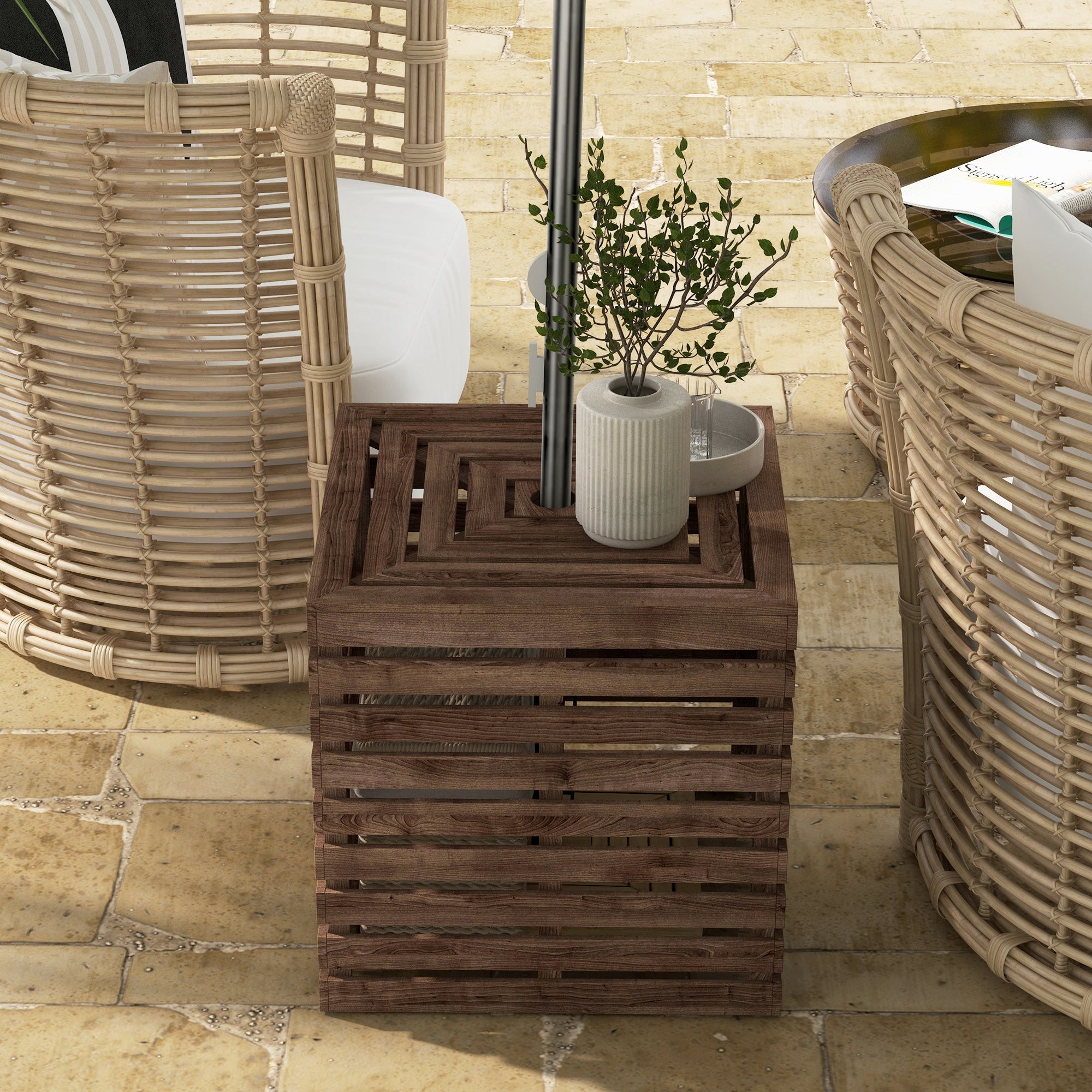 2-in-1 Outdoor Umbrella Base Storage Box, Wooden Patio Coffee Table, Brown