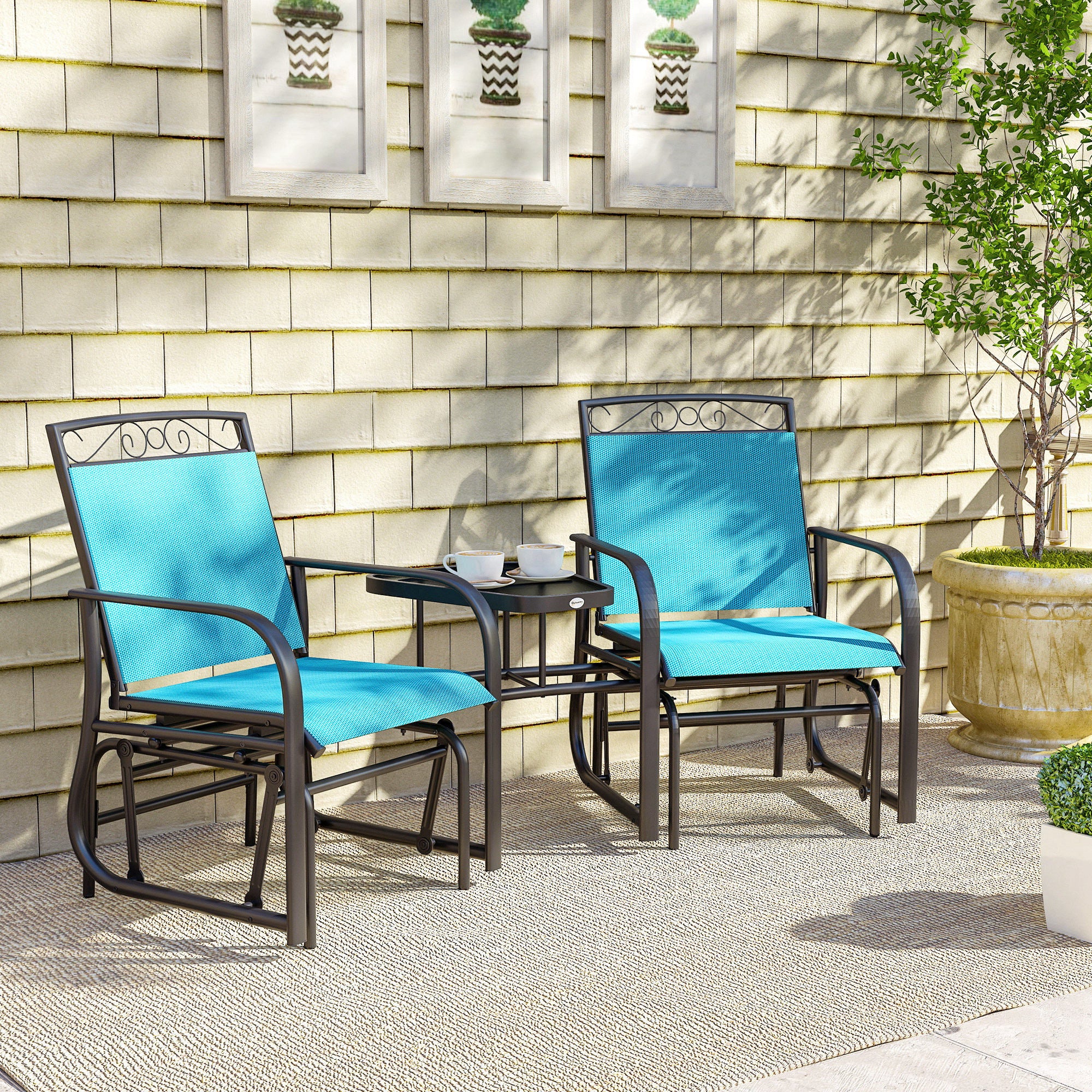 Outdoor Glider Chairs with Coffee Table, Patio 2-Seat Rocking Chair Swing with Breathable Sling for Backyard